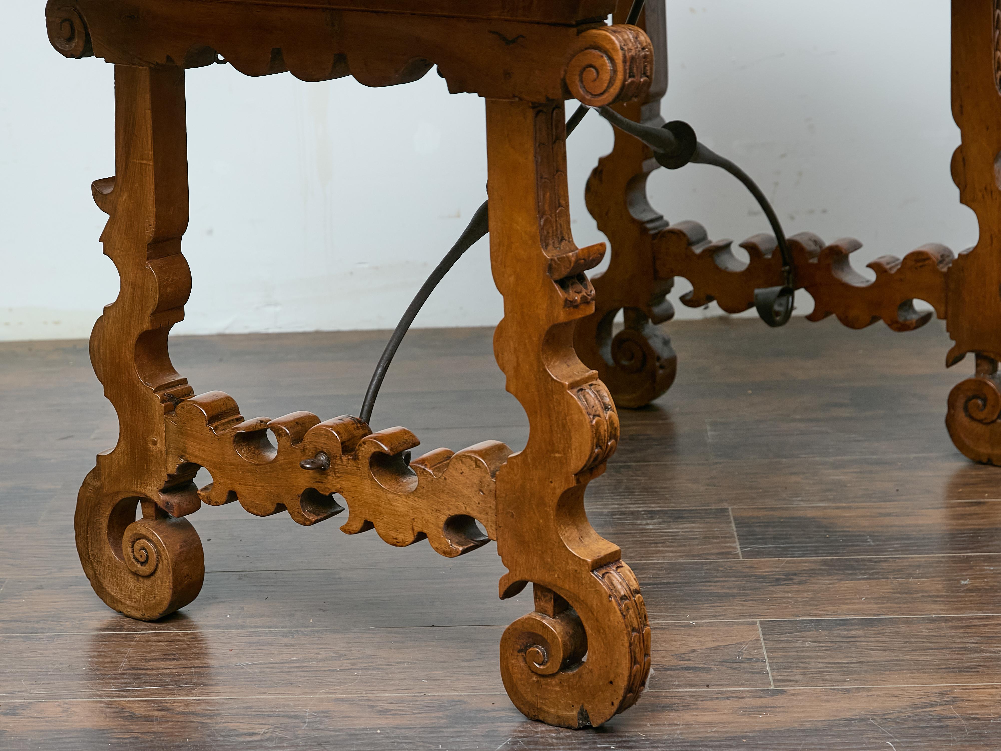 Spanish 18th Century Walnut Fratino Table with Carved Legs and Iron Stretcher In Good Condition For Sale In Atlanta, GA