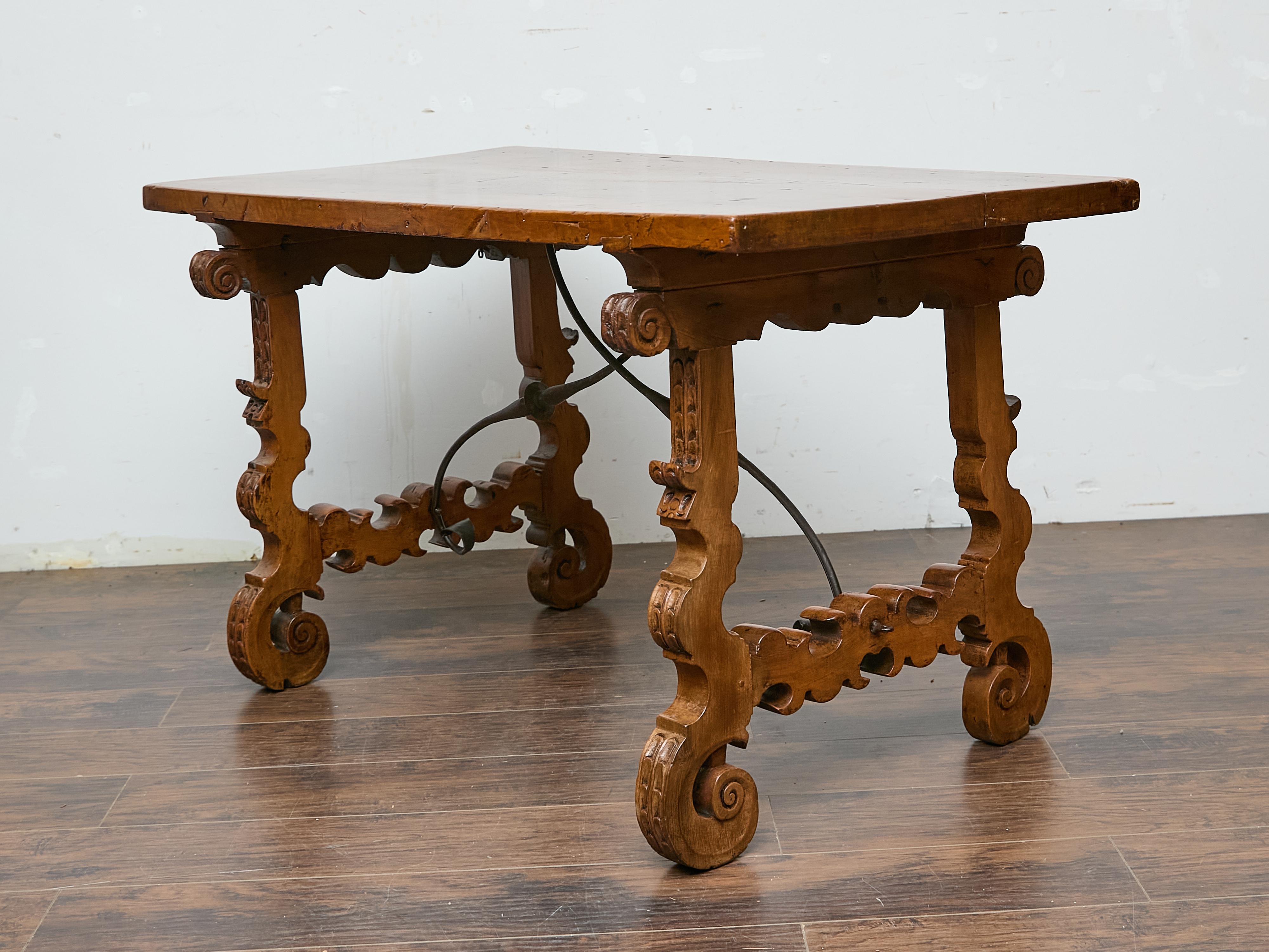 Wrought Iron Spanish 18th Century Walnut Fratino Table with Carved Legs and Iron Stretcher For Sale