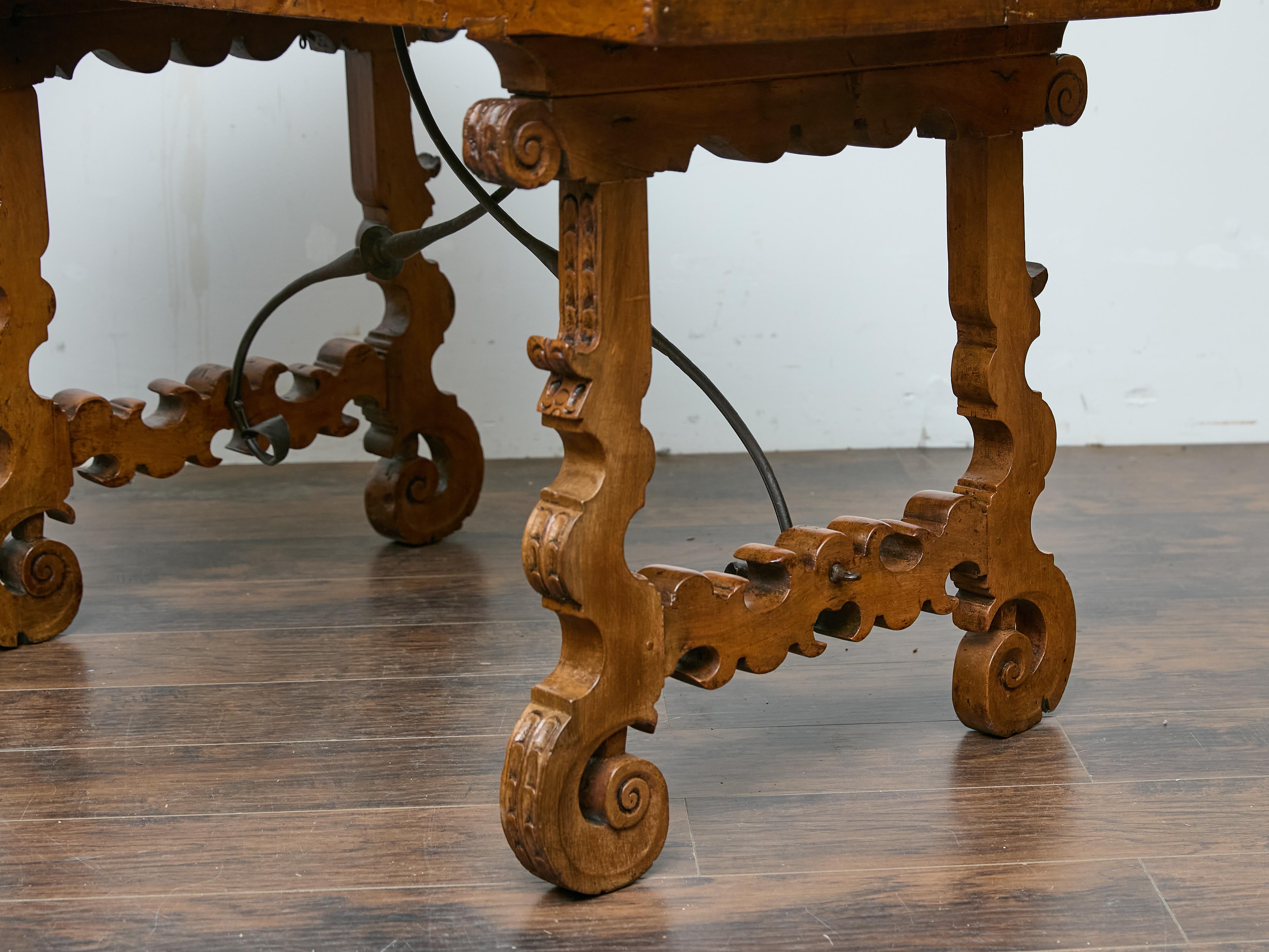 Spanish 18th Century Walnut Fratino Table with Carved Legs and Iron Stretcher For Sale 1