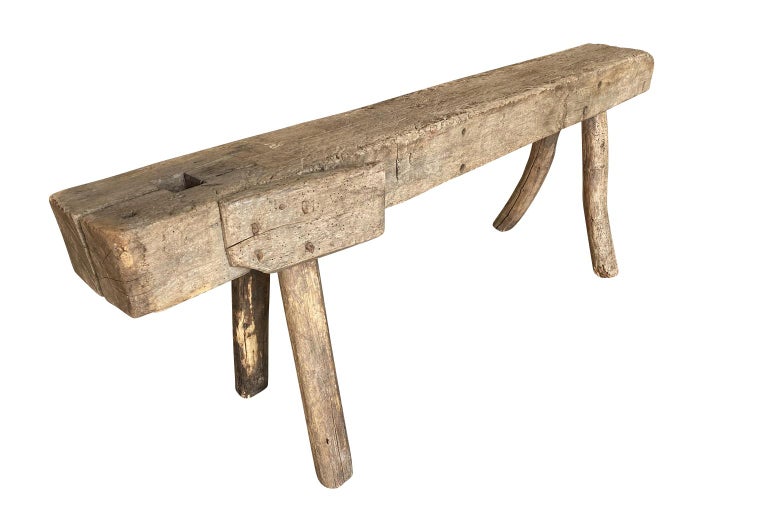 A very handsome 18th century Etabli - Work Table from Spain. Soundly constructed from chestnut and pine with slightly splayed legs. Wonderful character. The top is 9