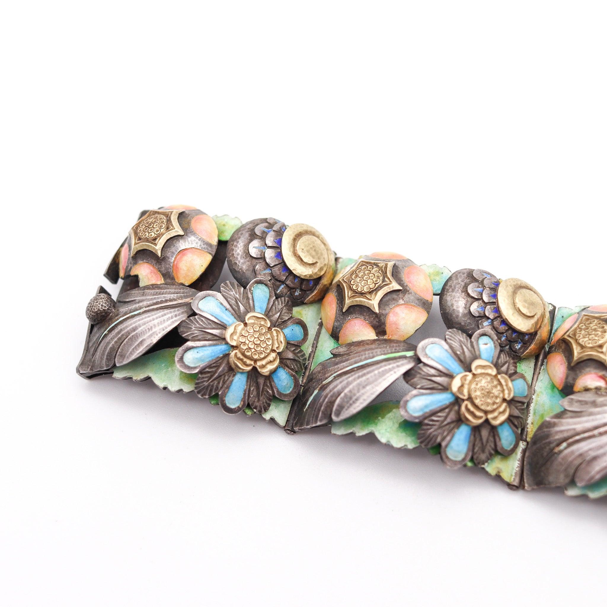 SPANISH 1900 Barcelona Art Nouveau Enameled Bracelet In Sterling & 18Kt Gold For Sale 6