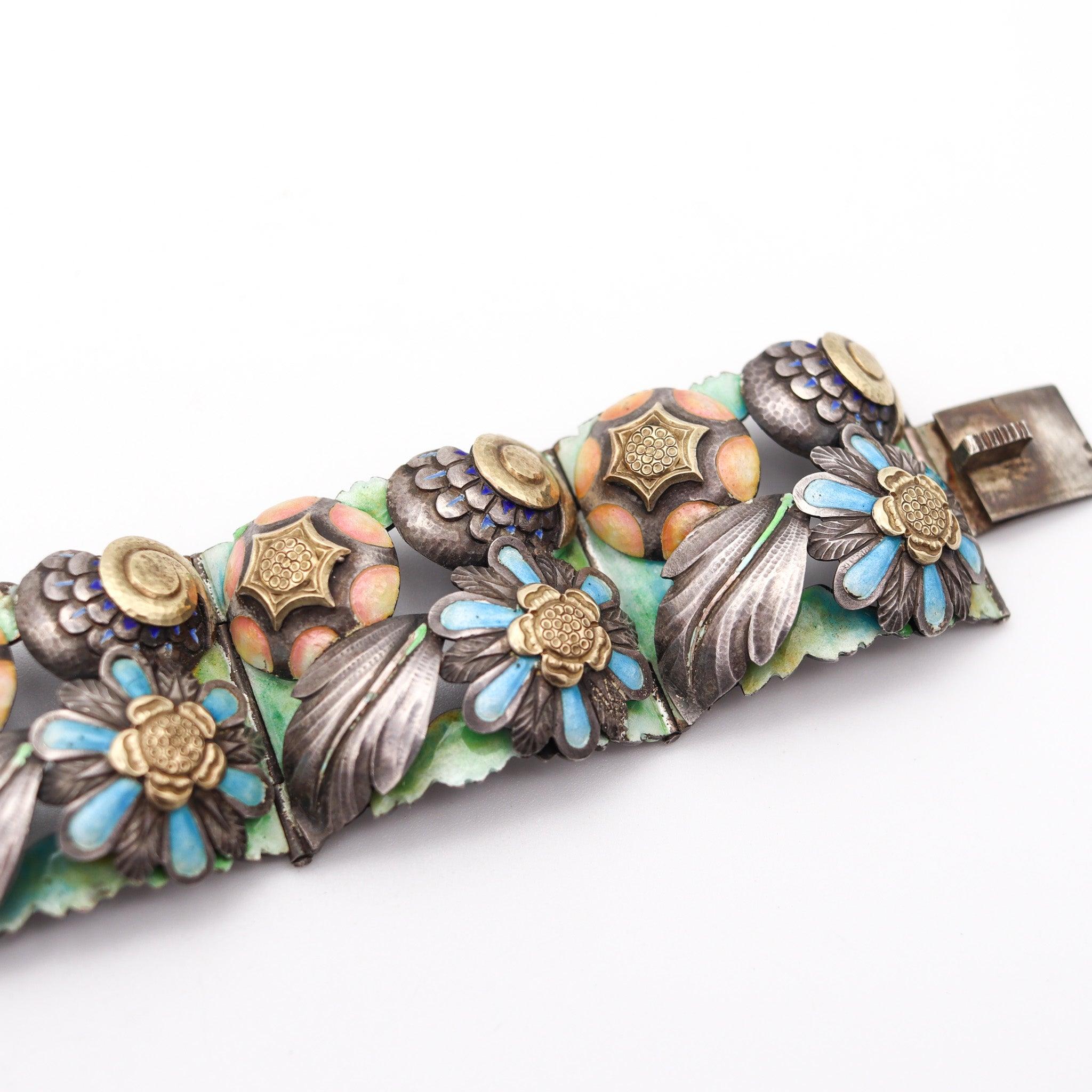 SPANISH 1900 Barcelona Art Nouveau Enameled Bracelet In Sterling & 18Kt Gold For Sale 7