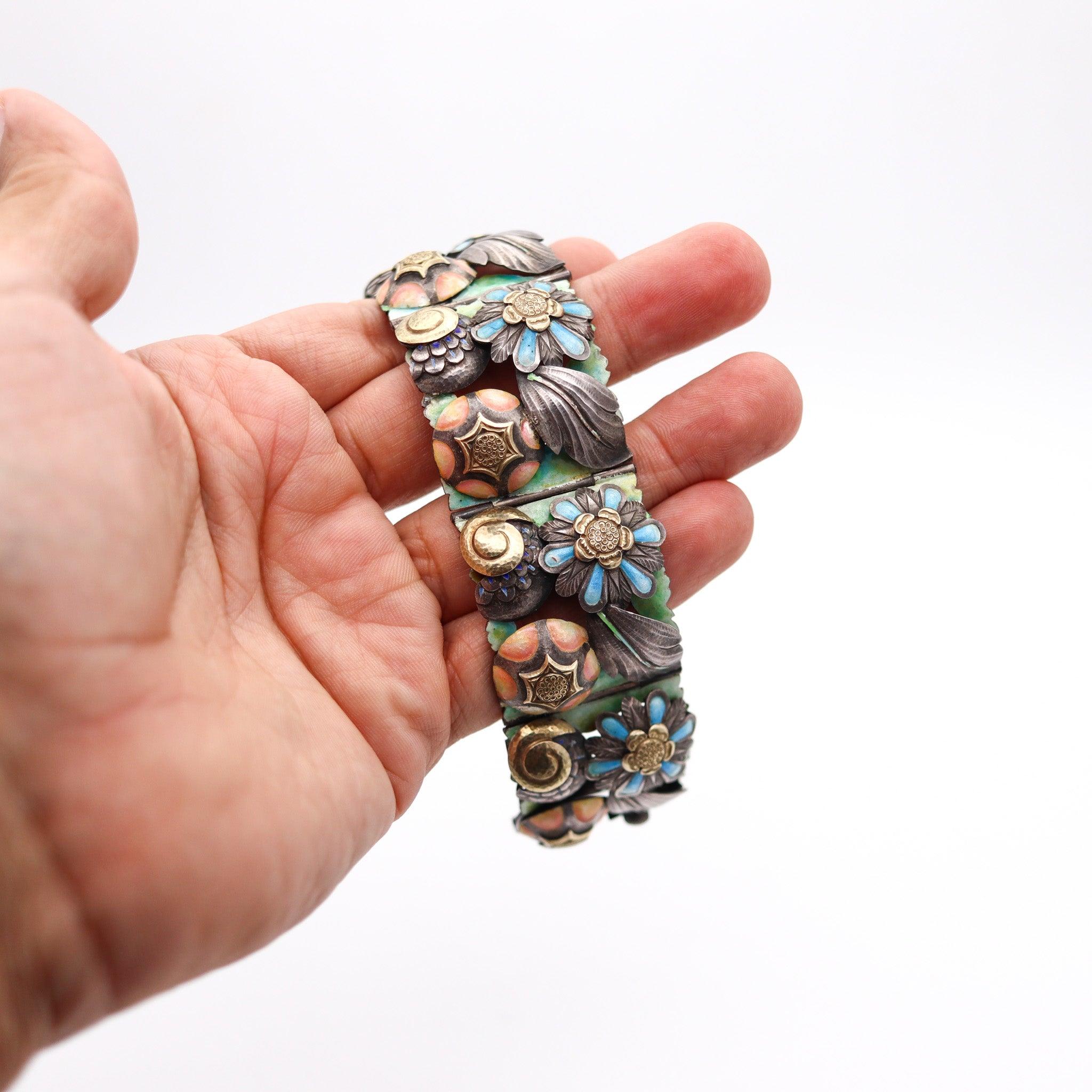 SPANISH 1900 Barcelona Art Nouveau Enameled Bracelet In Sterling & 18Kt Gold For Sale 8