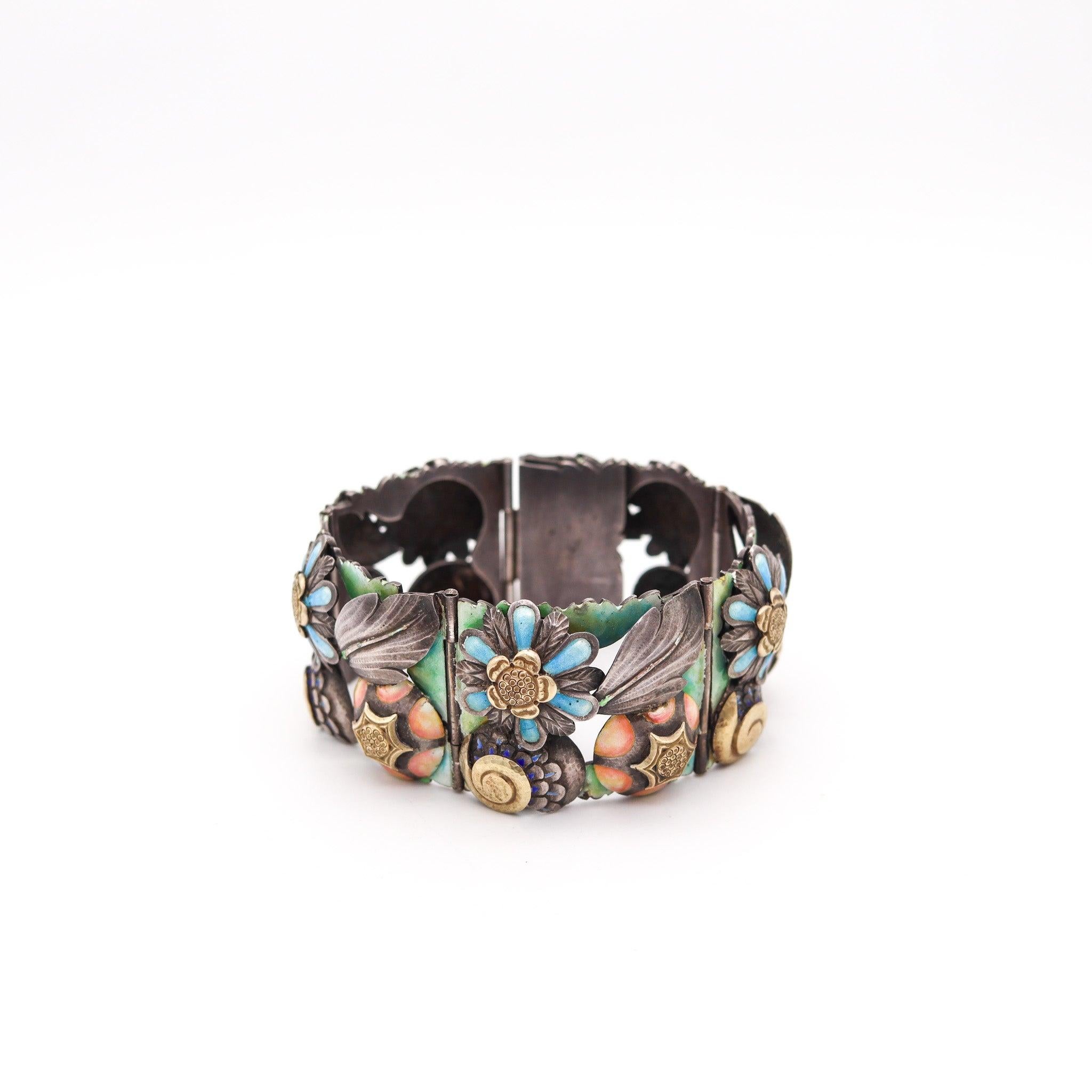 Women's SPANISH 1900 Barcelona Art Nouveau Enameled Bracelet In Sterling & 18Kt Gold For Sale