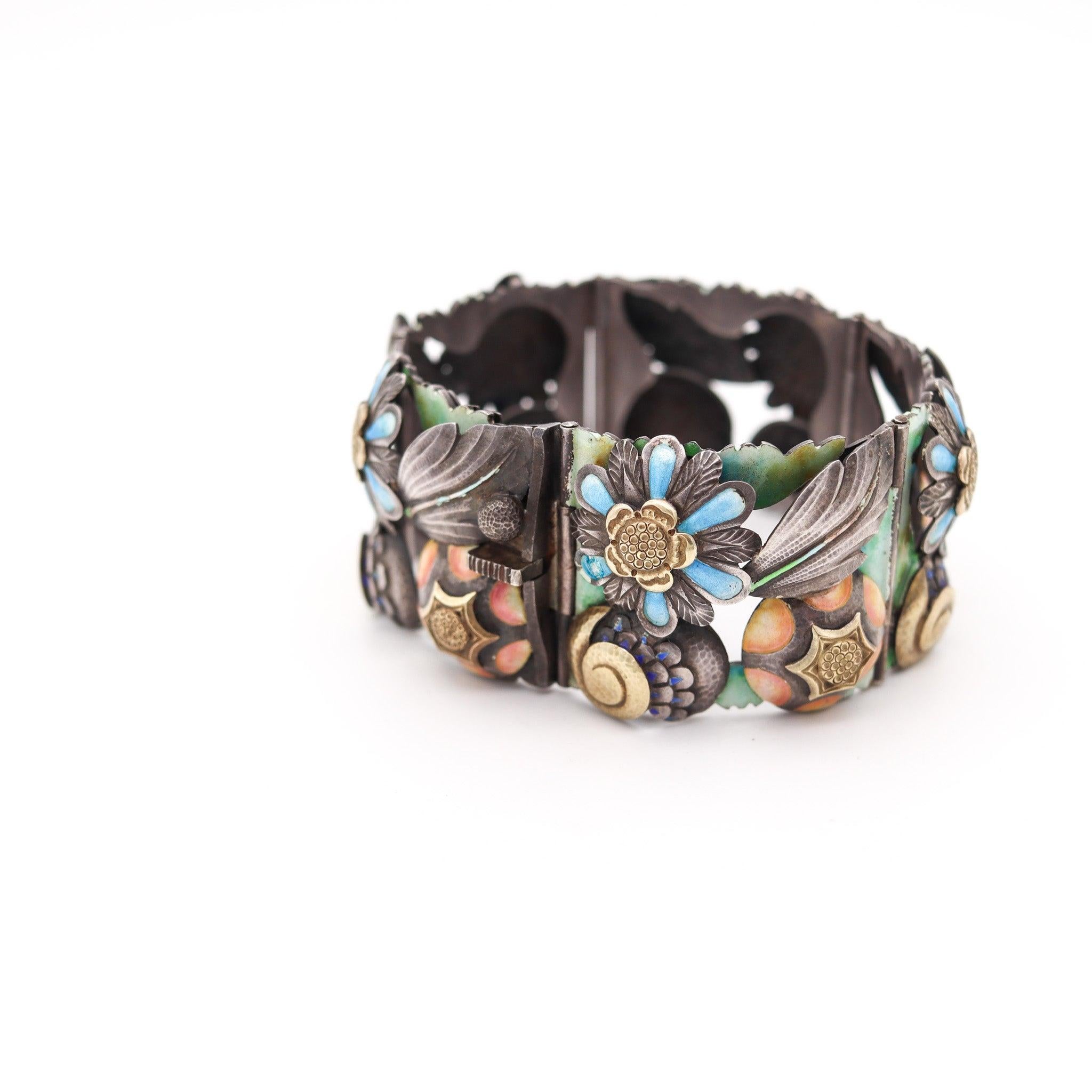 SPANISH 1900 Barcelona Art Nouveau Enameled Bracelet In Sterling & 18Kt Gold For Sale 1