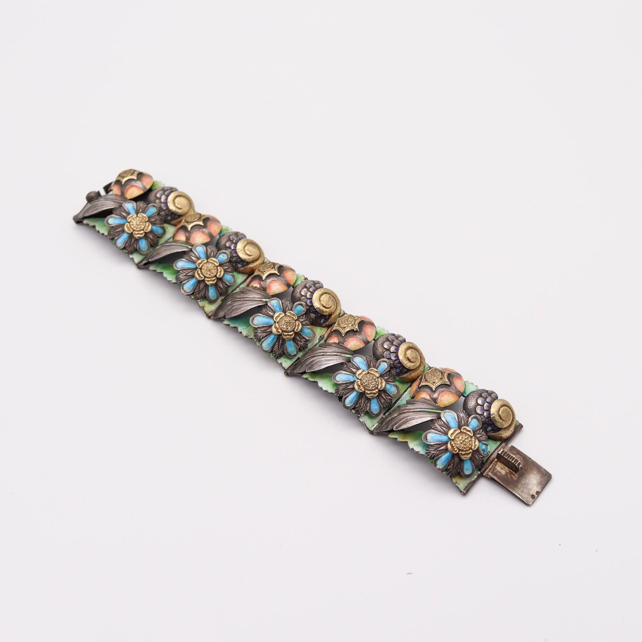SPANISH 1900 Barcelona Art Nouveau Enameled Bracelet In Sterling & 18Kt Gold For Sale 2