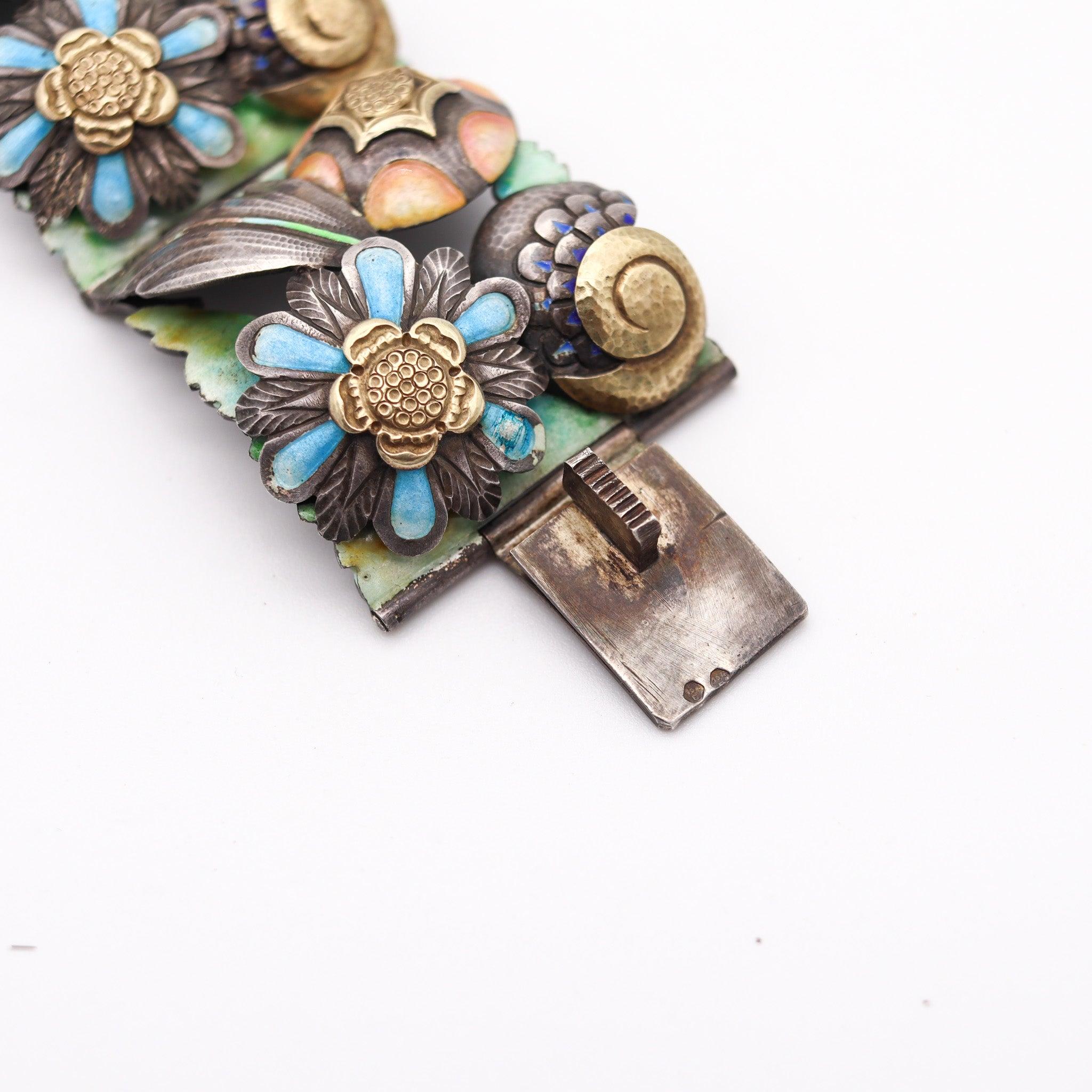 SPANISH 1900 Barcelona Art Nouveau Enameled Bracelet In Sterling & 18Kt Gold For Sale 3