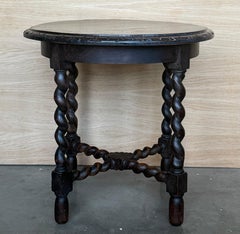 Spanish 1900s Walnut Round Side Table with Solomonic Legs and Beleveled Edges