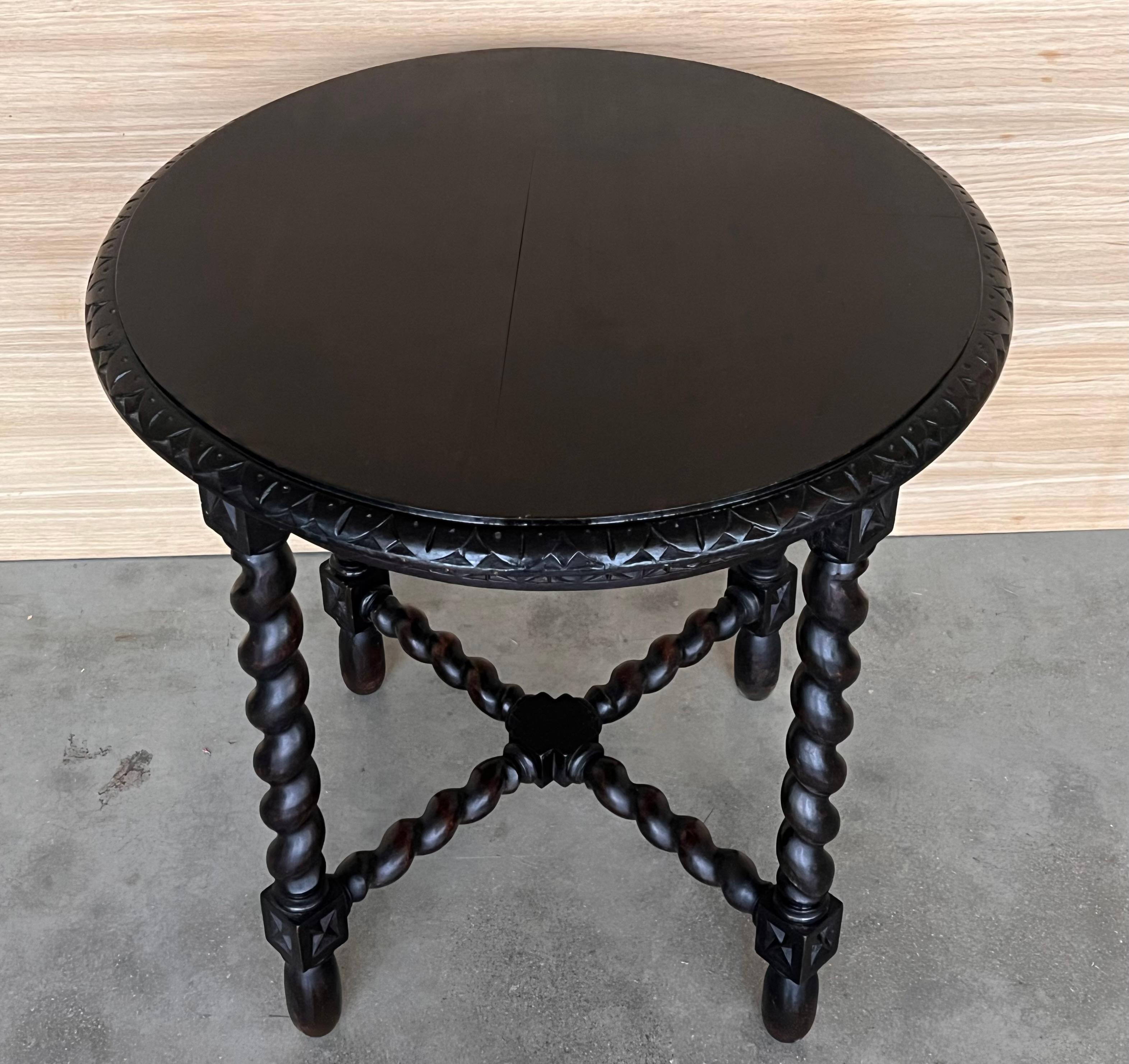 Iron Spanish 1900s Walnut Round Side Table with Solomonic Legs and Beleveled Edges