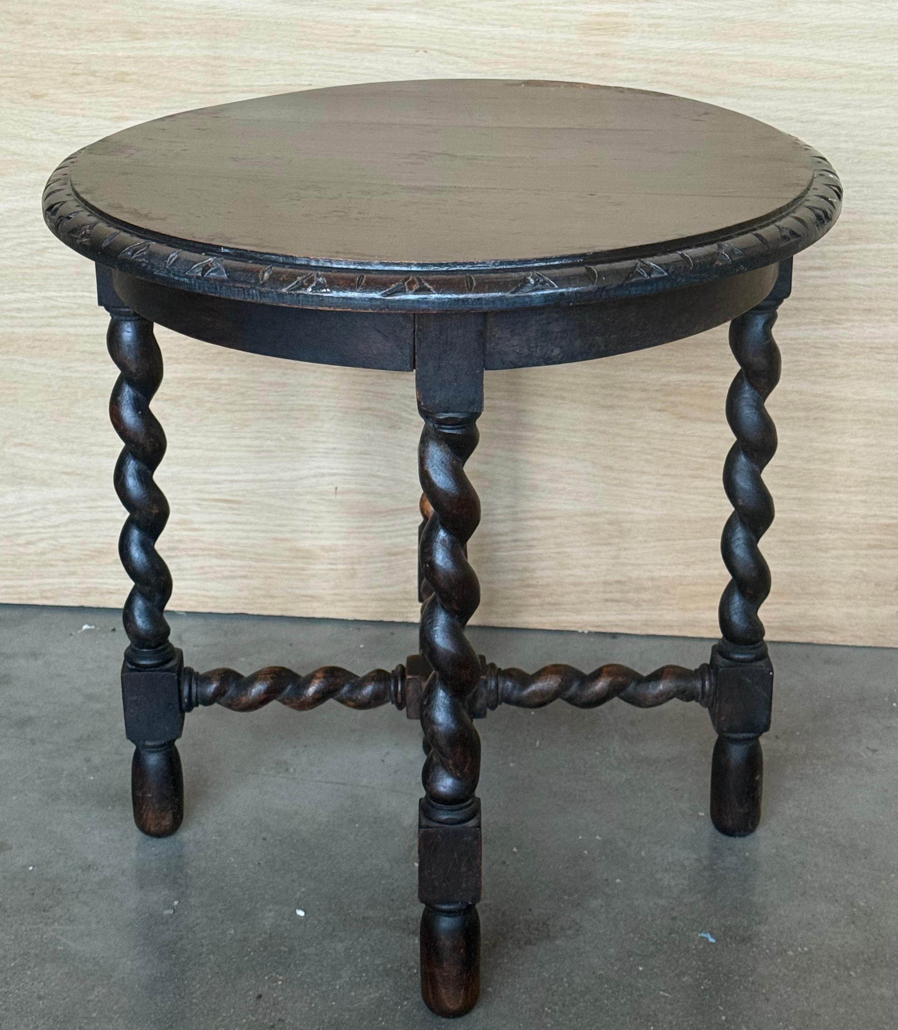 Solomonic Table Spanish 1900s Walnut Round Side Table with Solomonic Legs and Beleveled ...