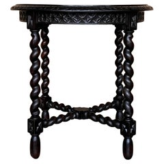 Spanish 1900s Walnut Round Side Table with Solomonic Legs and Beleveled Edges