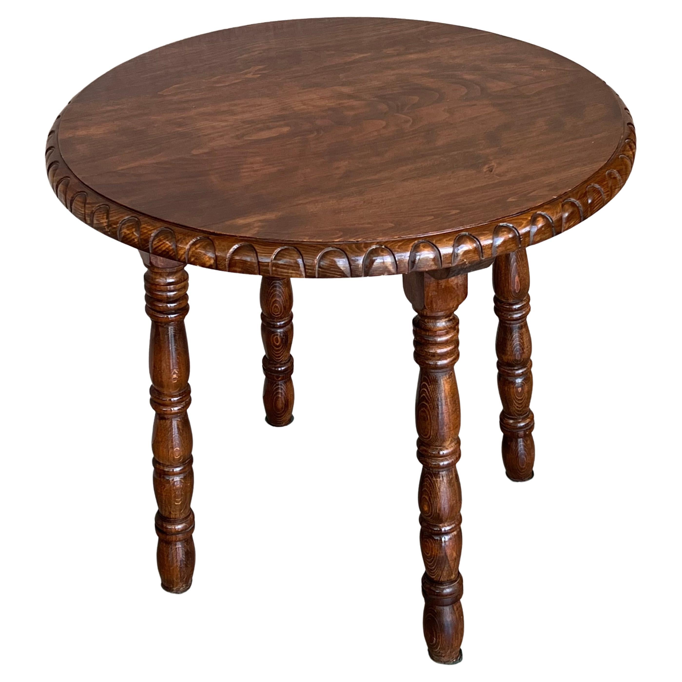 Spanish Round Walnut Side Table With Turned Legs And Beleveled Edges