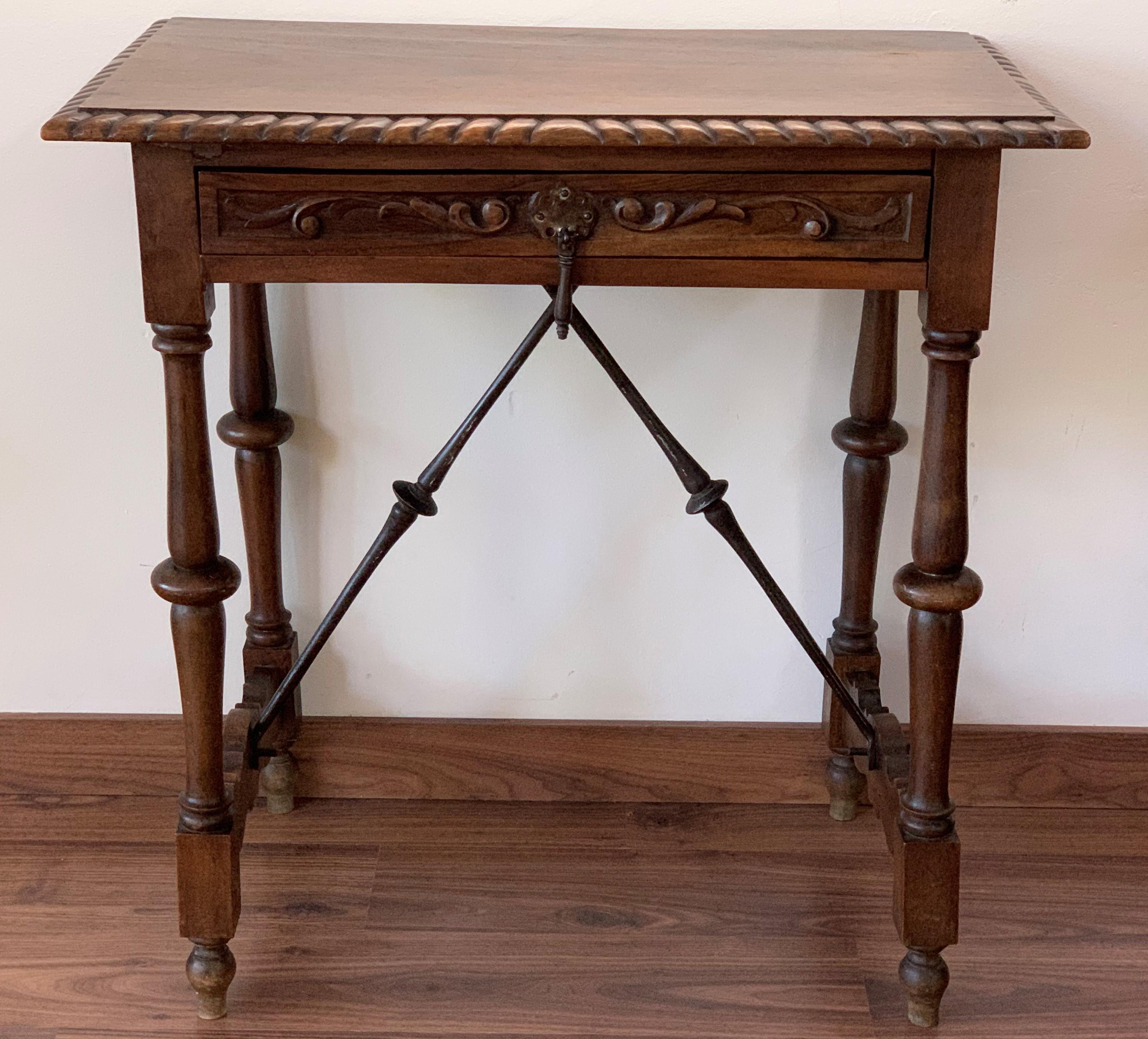 Baroque Spanish 1900s Walnut Side Table Single Drawer with Iron Stretcher