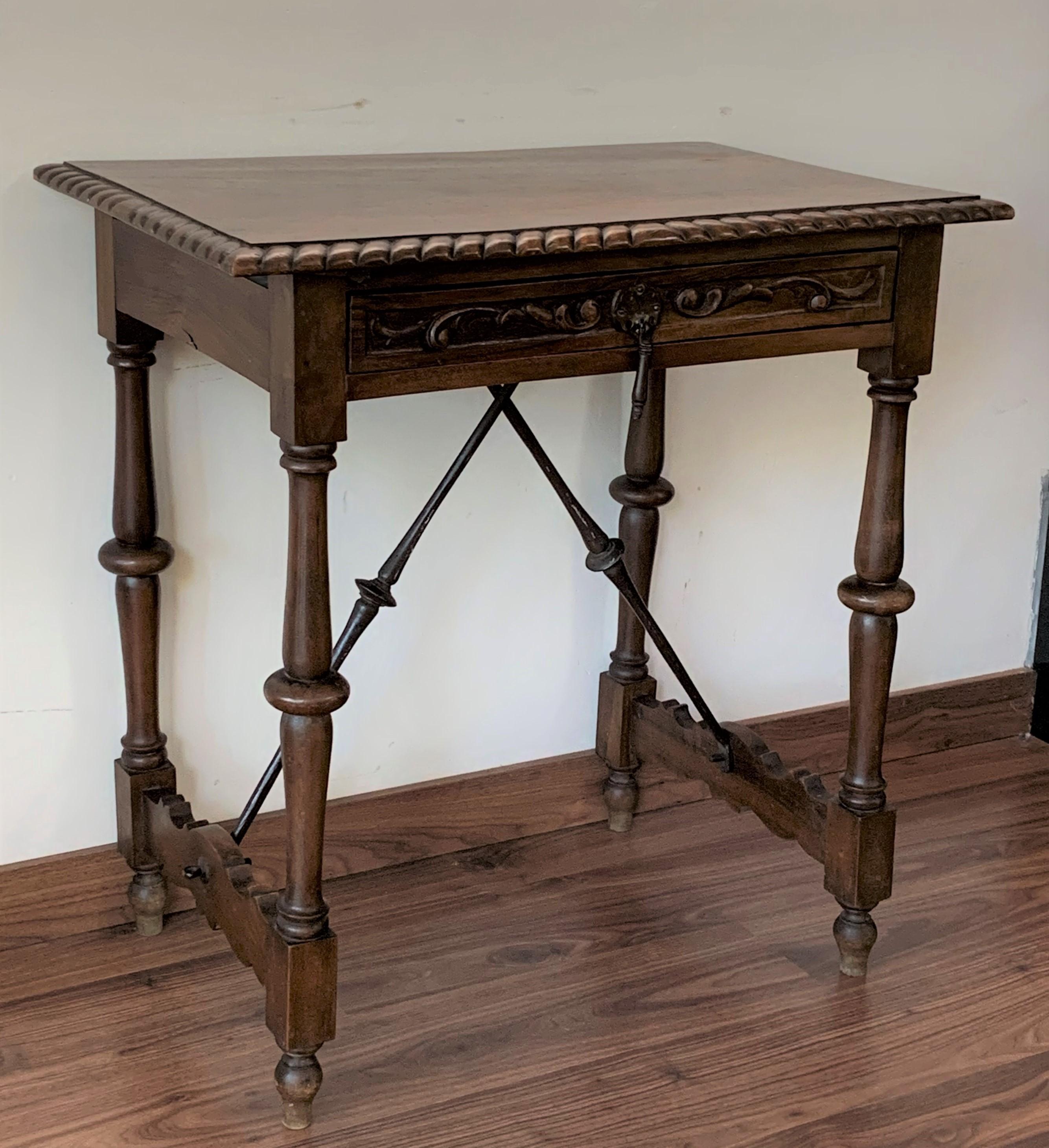 20th Century Spanish 1900s Walnut Side Table Single Drawer with Iron Stretcher