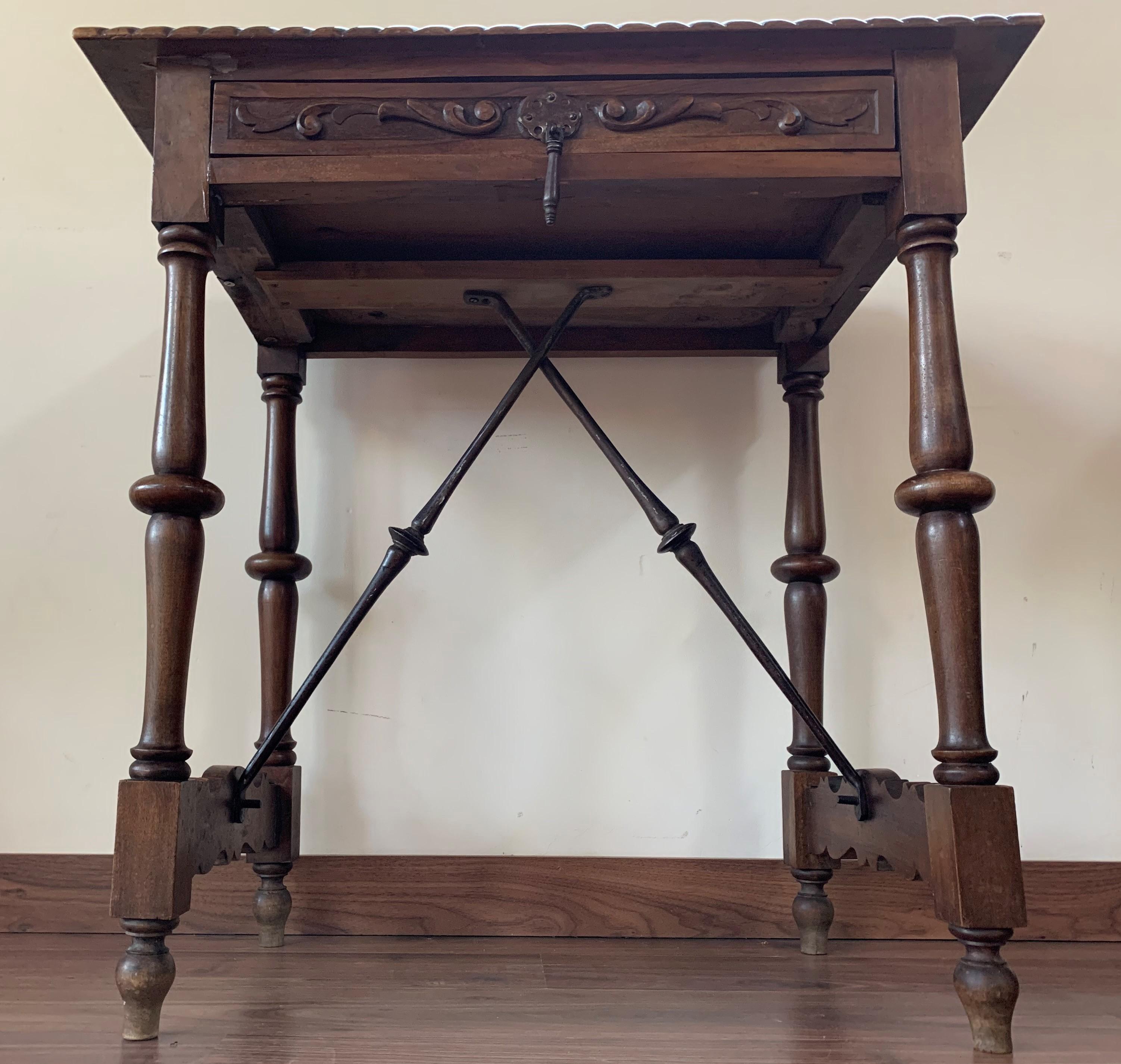 Spanish 1900s Walnut Side Table Single Drawer with Iron Stretcher 1