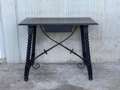 Spanish 1900s Walnut Side Table with Single Drawer and Iron Stretcher