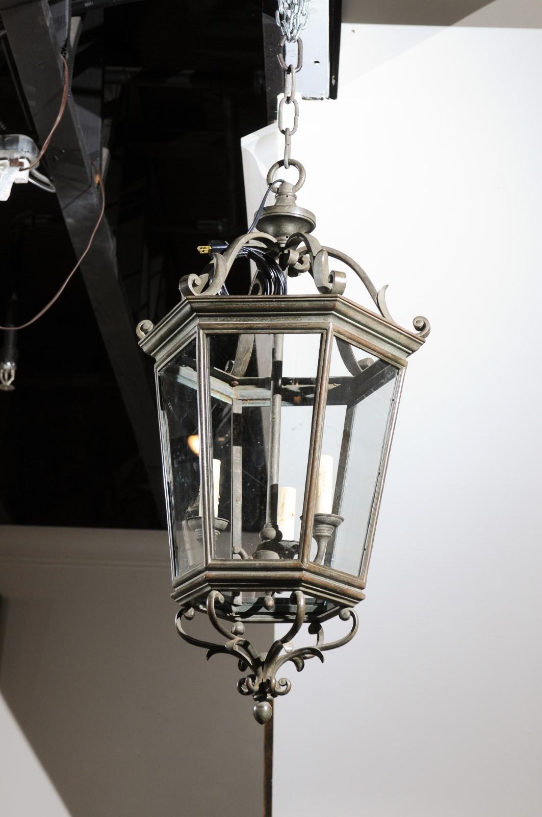 Spanish 1910s Bronze and Glass Hexagonal Lantern with Three Lights and Volutes For Sale 6