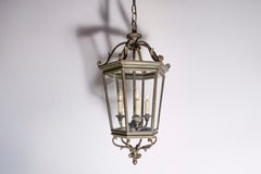 Spanish 1910s Bronze and Glass Hexagonal Lantern with Three Lights and Volutes