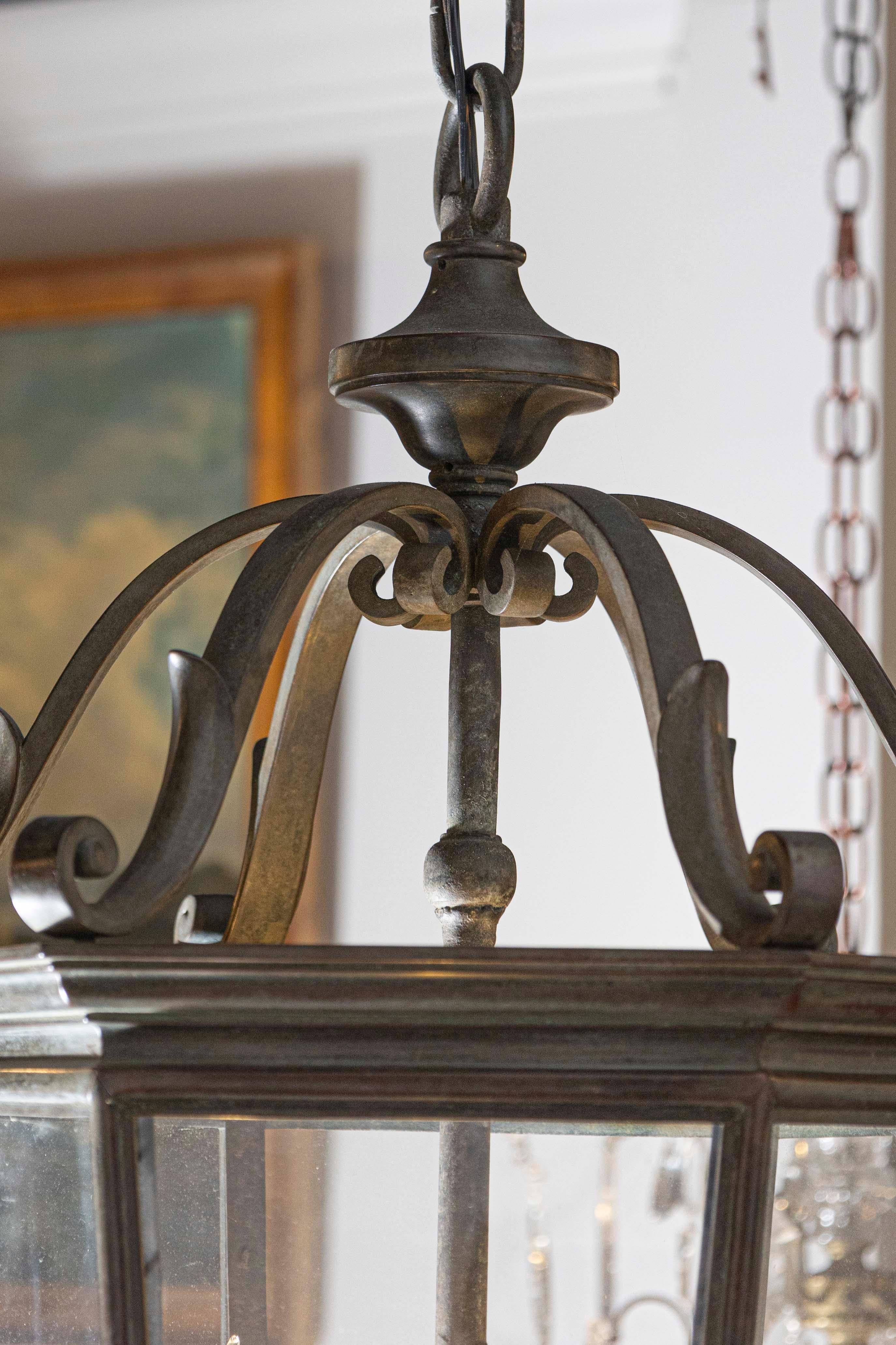 Spanish 1910s Bronze and Glass Hexagonal Lantern with Three Lights and Volutes For Sale 2