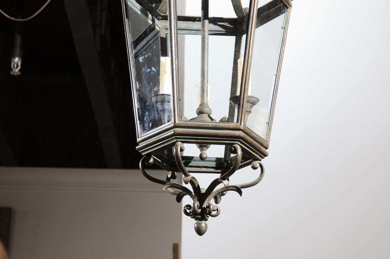 Spanish 1910s Bronze and Glass Hexagonal Lantern with Three Lights and Volutes For Sale 3