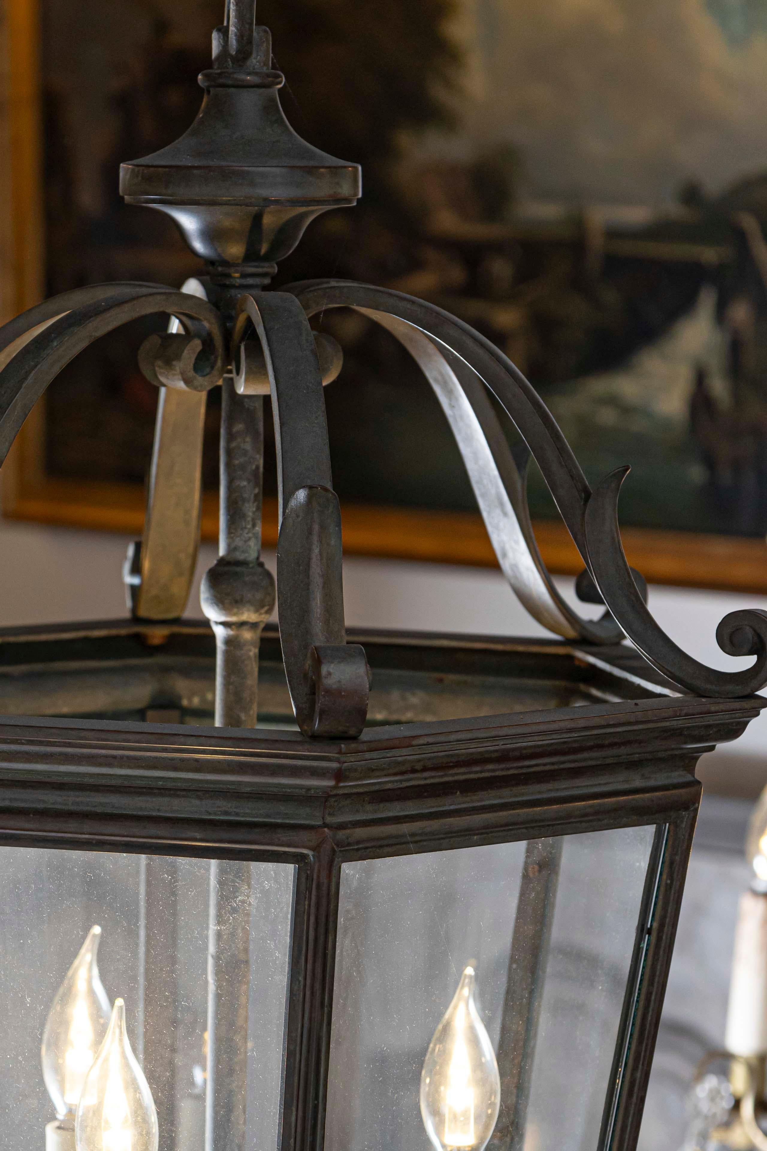 Spanish 1910s Bronze and Glass Hexagonal Lantern with Three Lights and Volutes For Sale 3