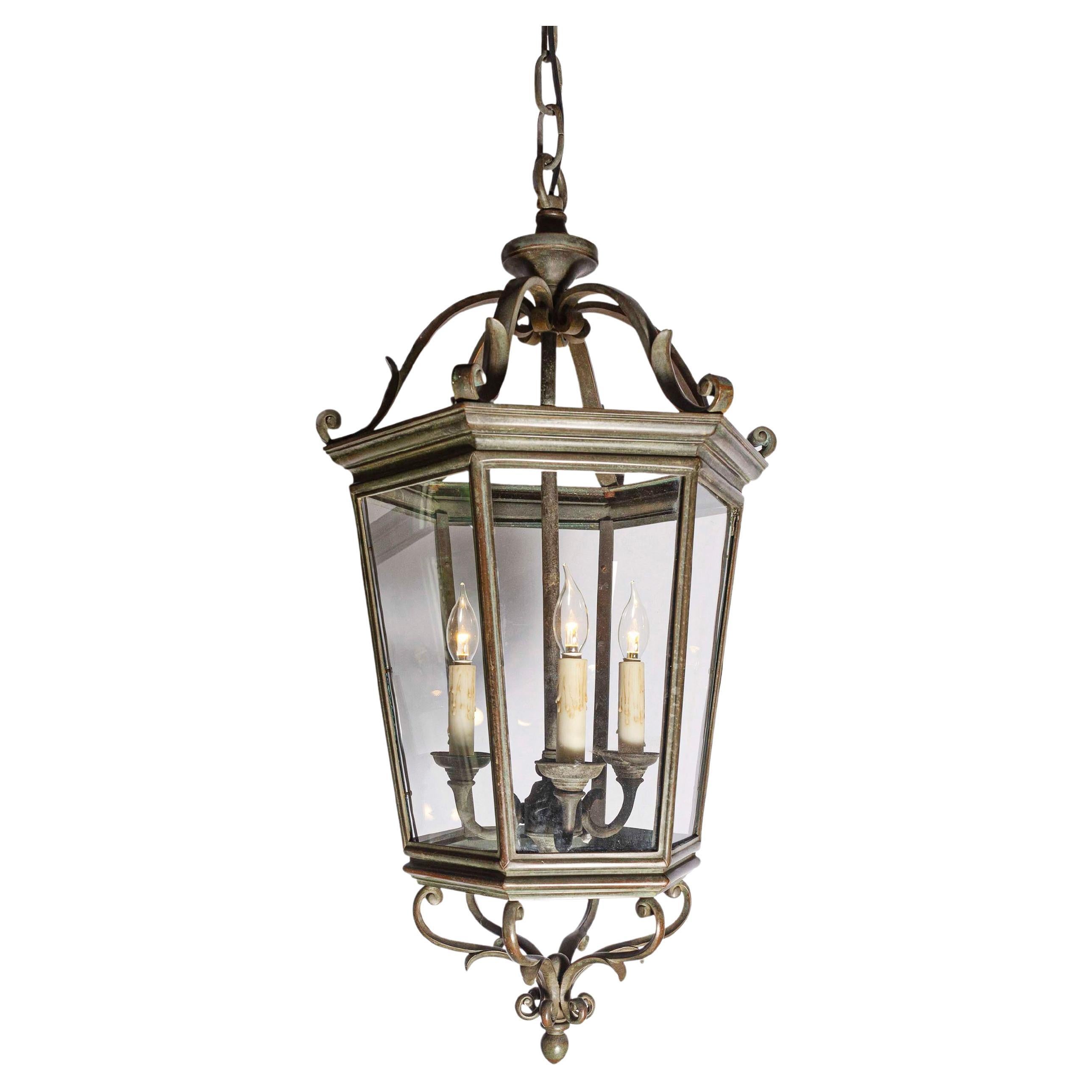 Spanish 1910s Bronze and Glass Hexagonal Lantern with Three Lights and Volutes