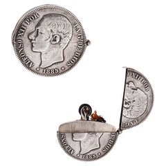 Antique SPANISH 1920 Alfonso XII 1885 Coin Pocket Lighter In .900 Sterling Silver