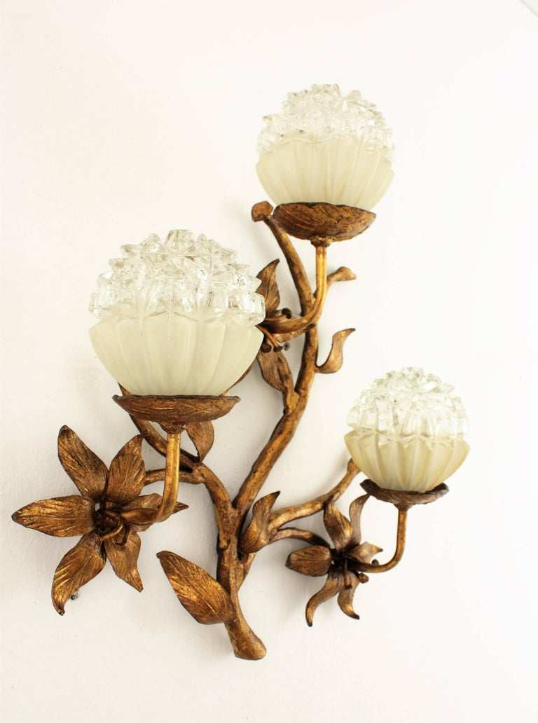 Spanish 1920s Art Nouveau Gilt Iron and Glass Three-Light ... on Iron Wall Sconces For Flowers Wall Decor id=52407