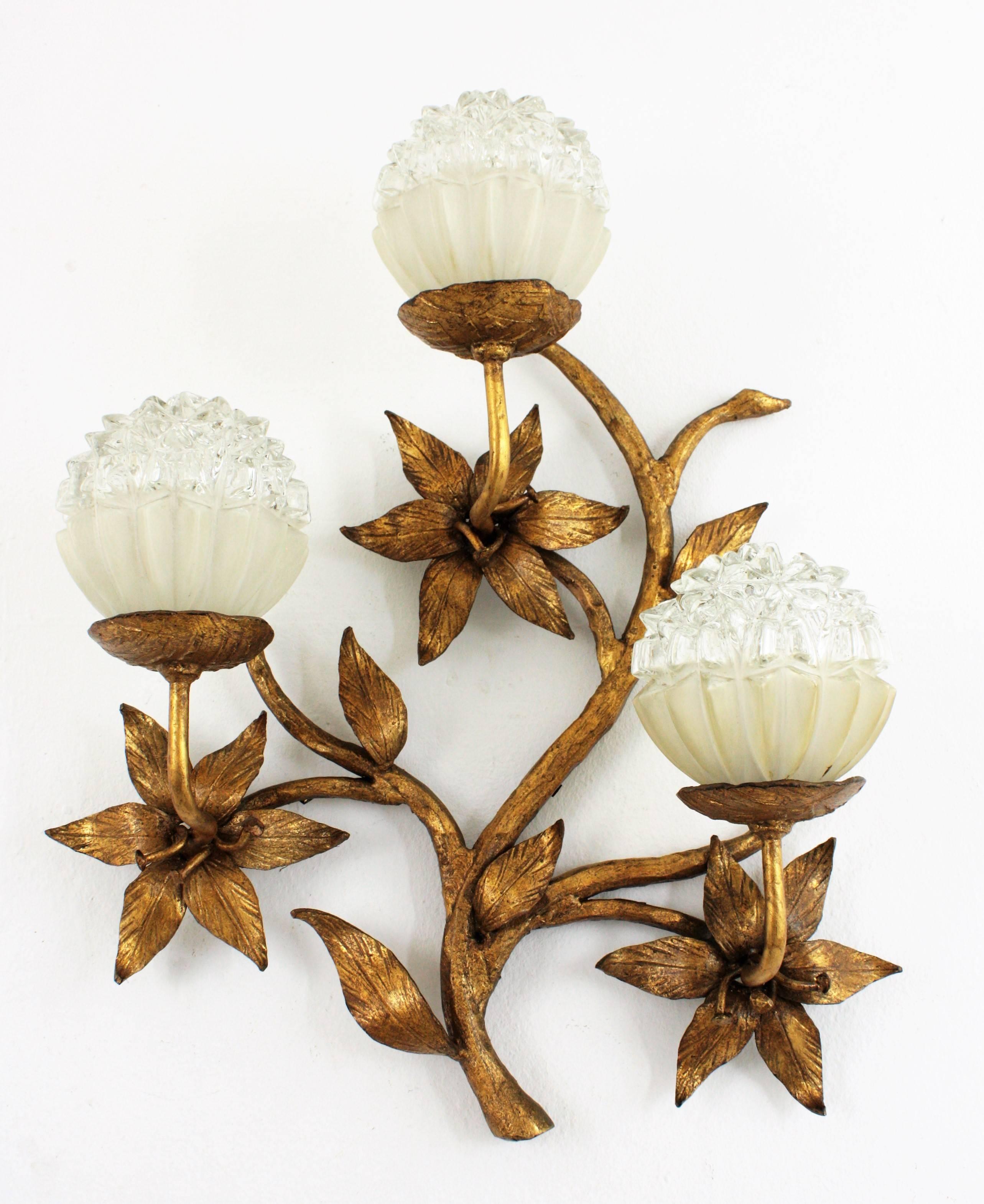 Frosted Spanish 1920s Art Nouveau Gilt Iron and Glass Three-Light Floral Wall Sconce