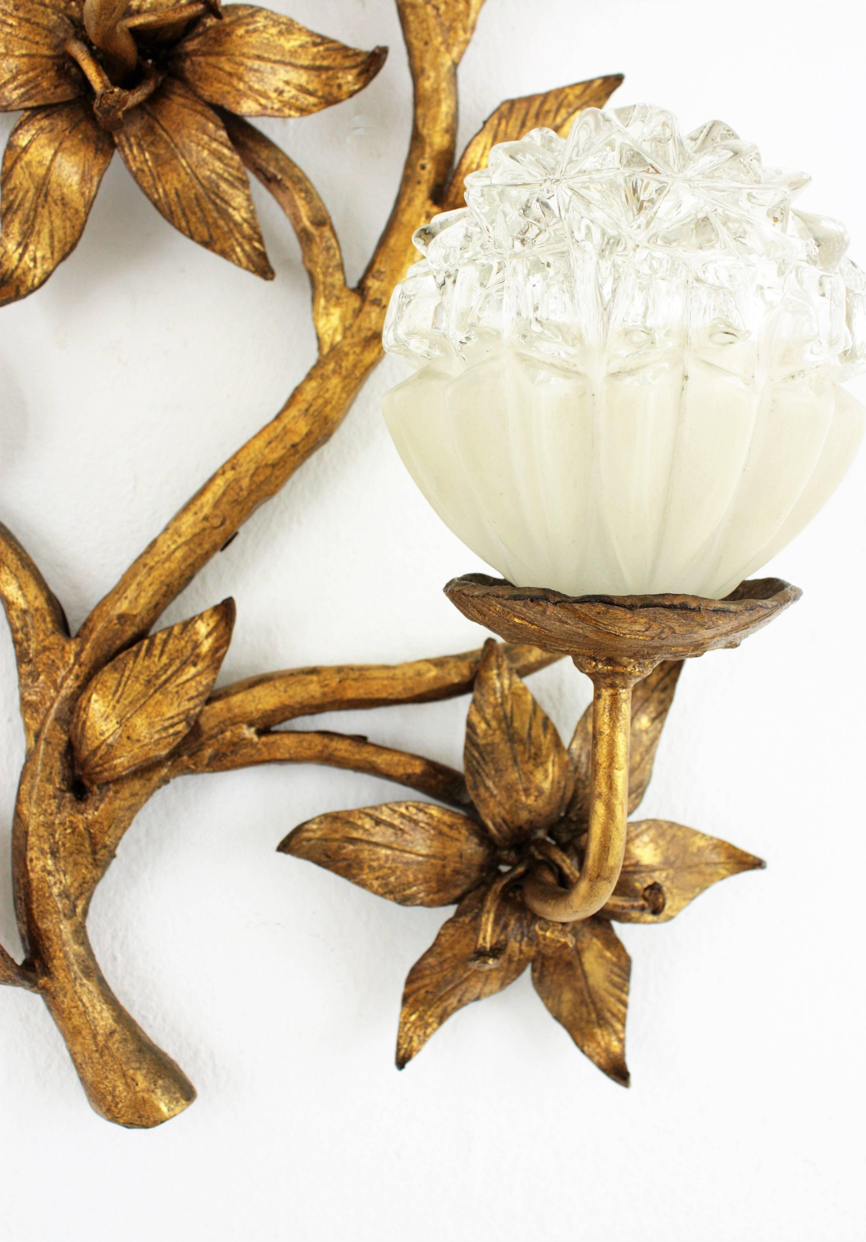 Early 20th Century Spanish 1920s Art Nouveau Gilt Iron and Glass Three-Light Floral Wall Sconce