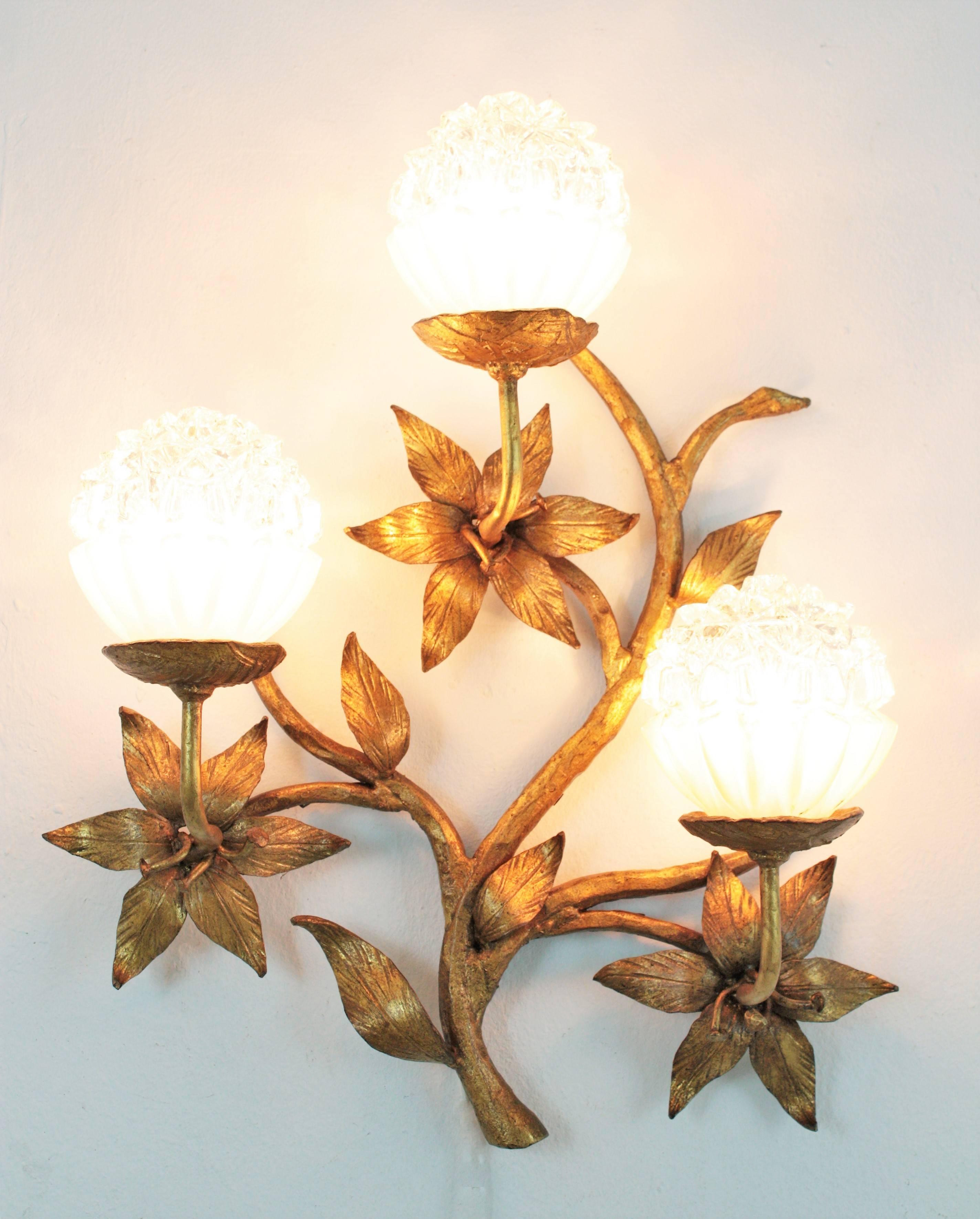 Gold Leaf Spanish 1920s Art Nouveau Gilt Iron and Glass Three-Light Floral Wall Sconce