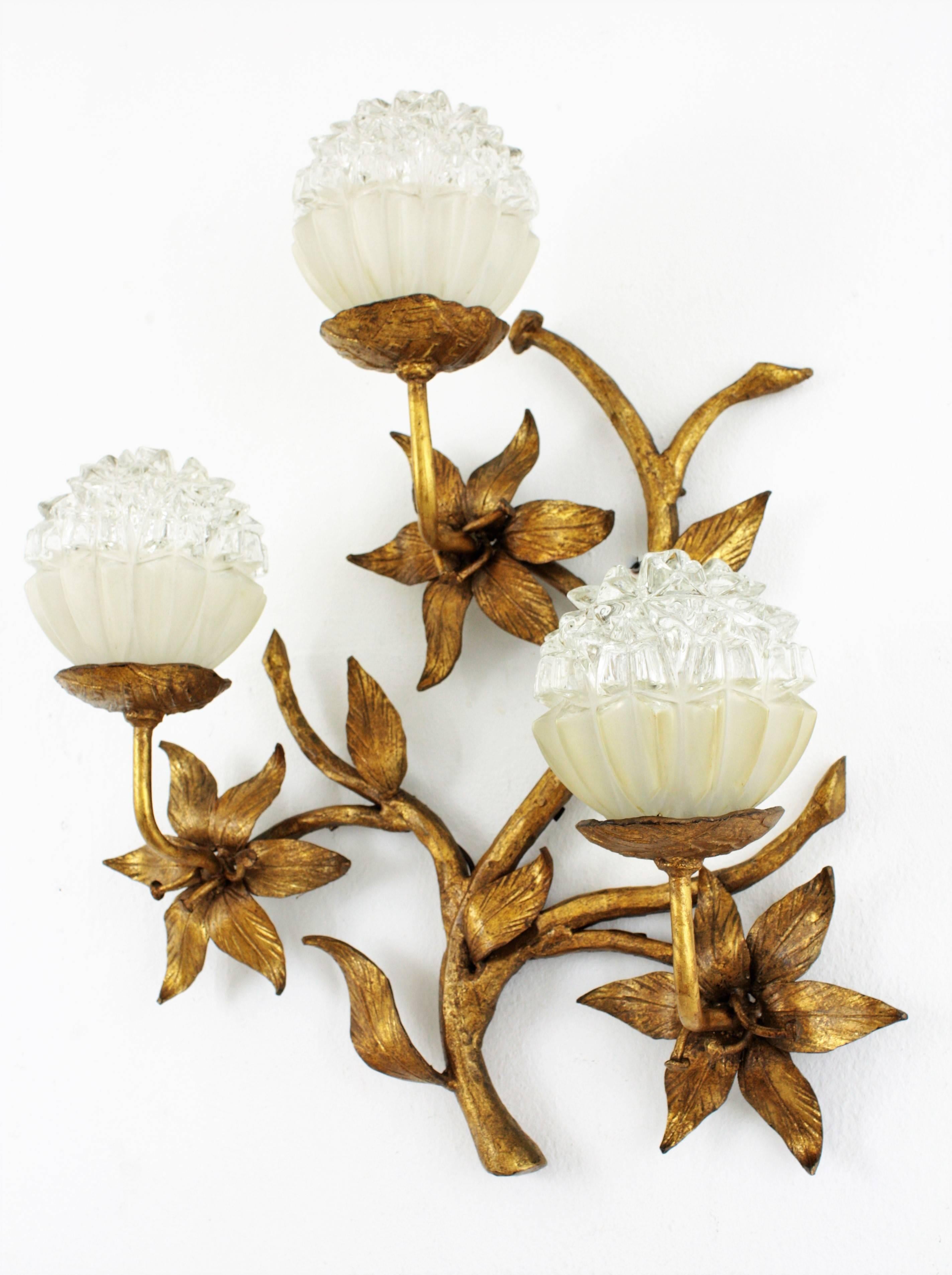 Spanish 1920s Art Nouveau Gilt Iron and Glass Three-Light Floral Wall Sconce 2