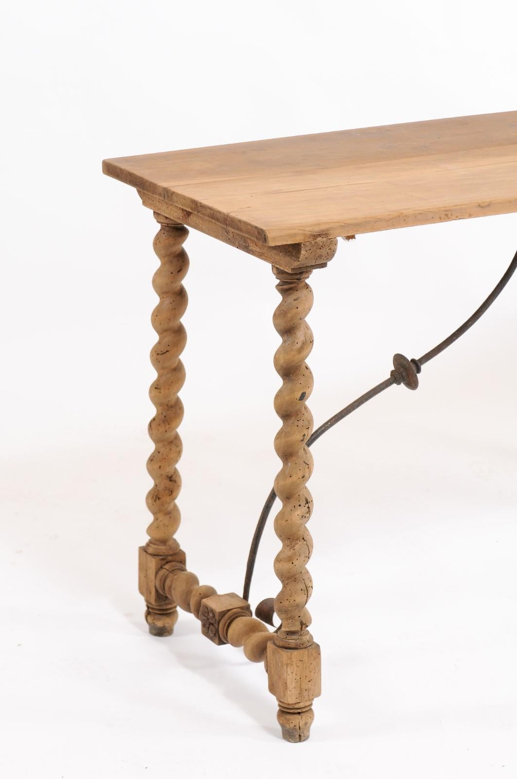 Forged Spanish 1920s Baroque Style Oak Console Table with Barley Twist Trestle Base