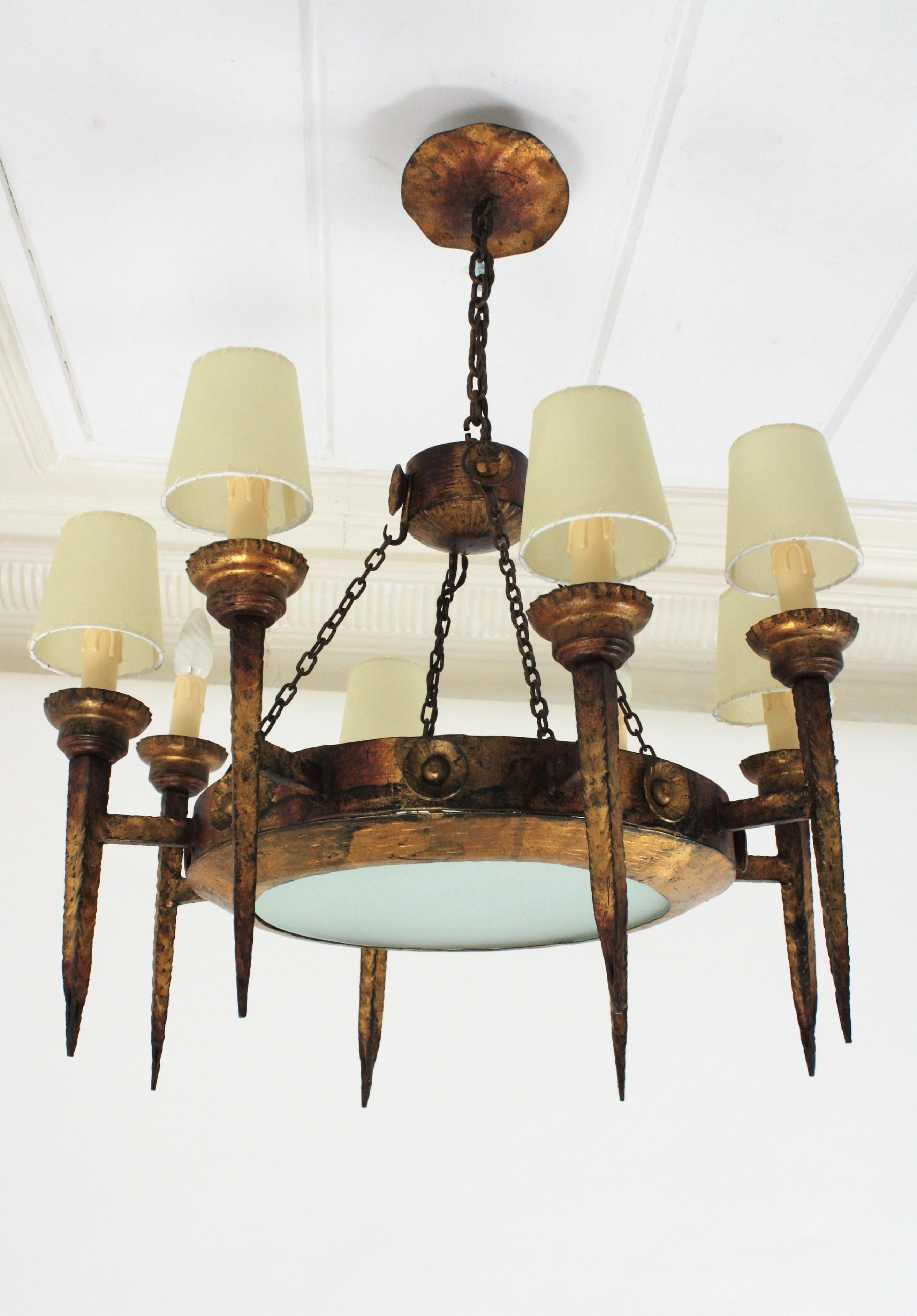 Spanish Gothic Revival Ring Torch Chandelier, Gilt Wrought Iron For Sale 1
