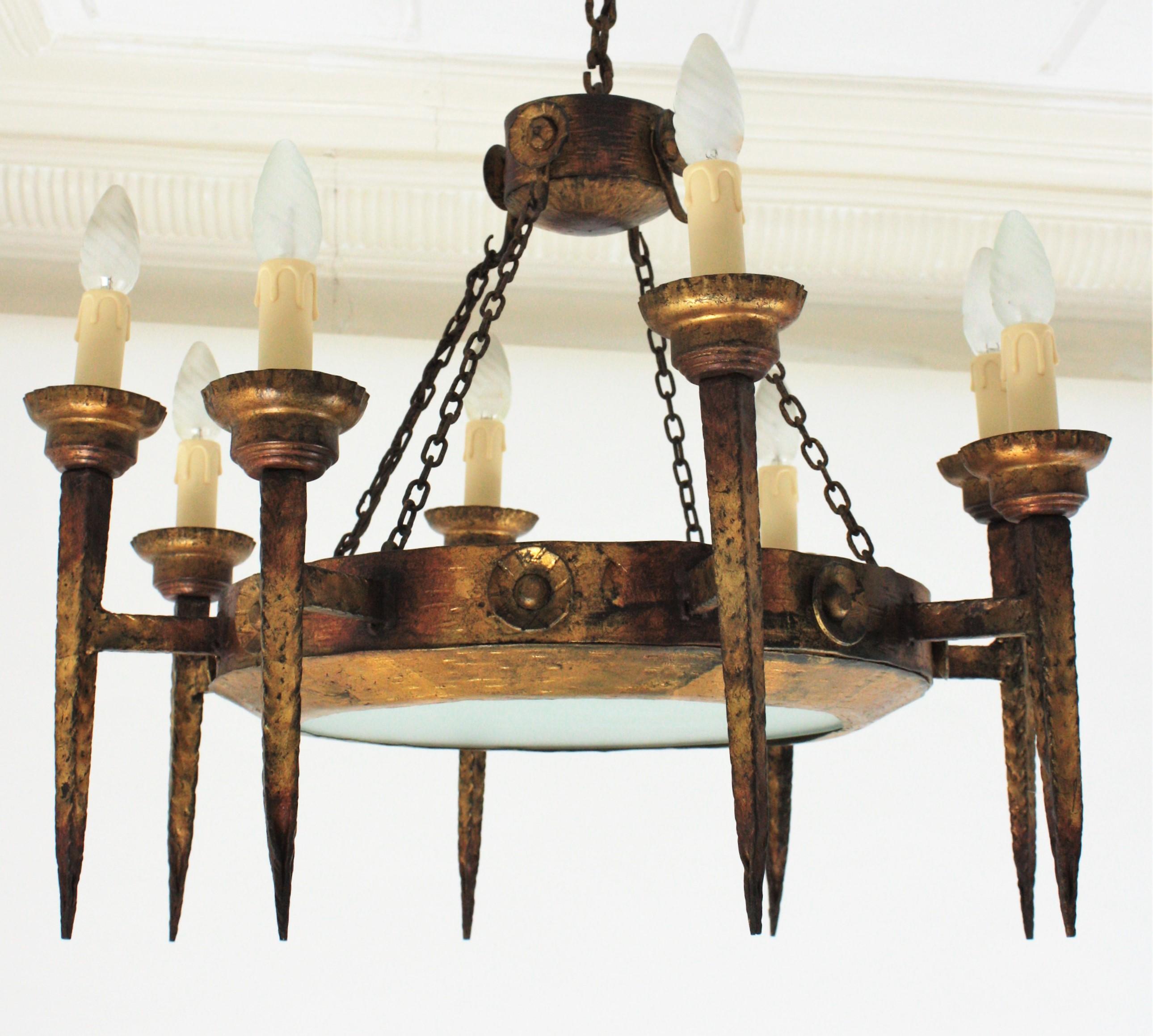 Spanish Gothic Revival Ring Torch Chandelier, Gilt Wrought Iron In Good Condition For Sale In Barcelona, ES
