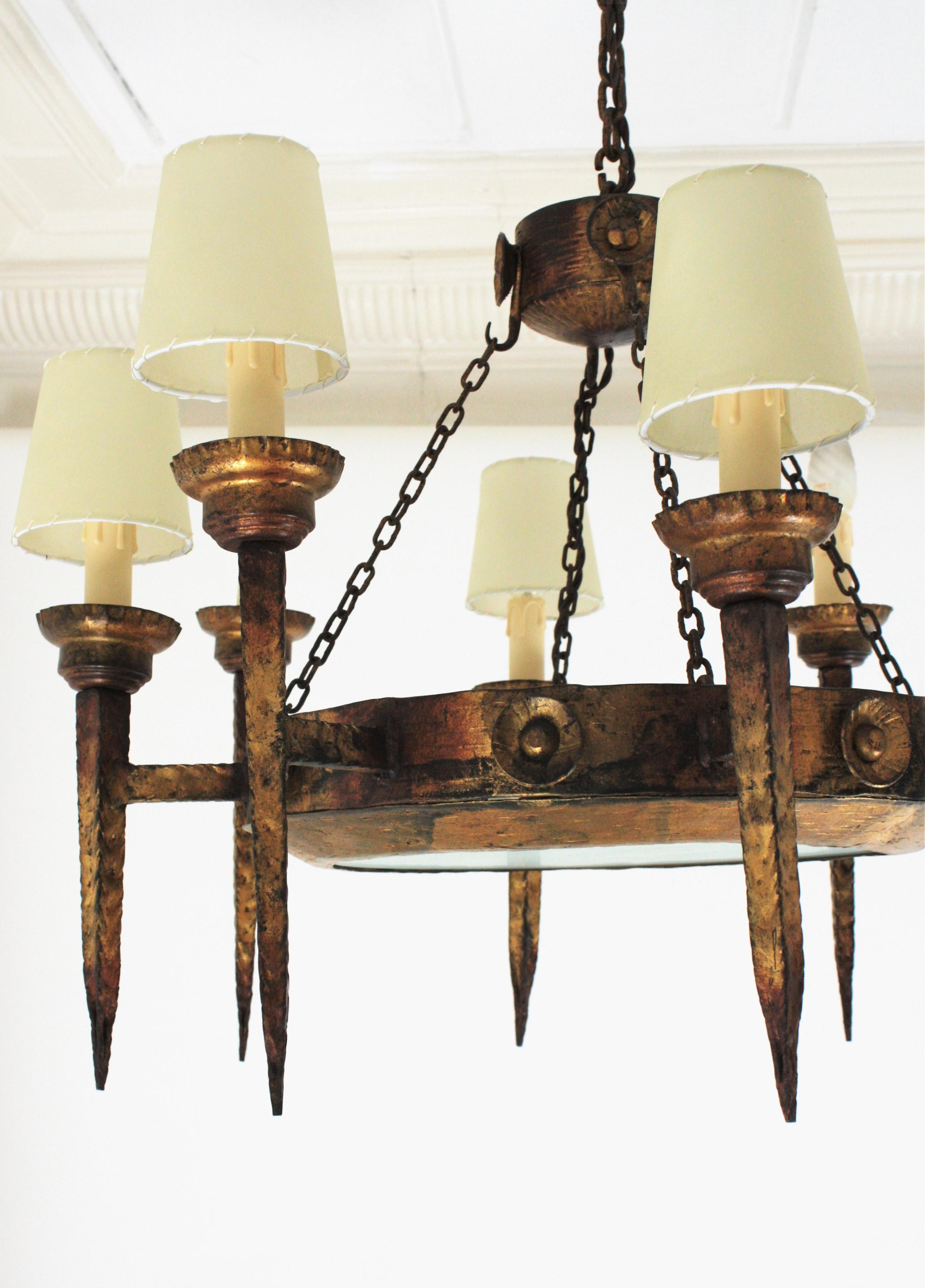 20th Century Spanish Gothic Revival Ring Torch Chandelier, Gilt Wrought Iron For Sale