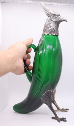 SPANISH 1930 Art-Deco Falcon Shaped Claret Wine Jar In Green Cut Glass &