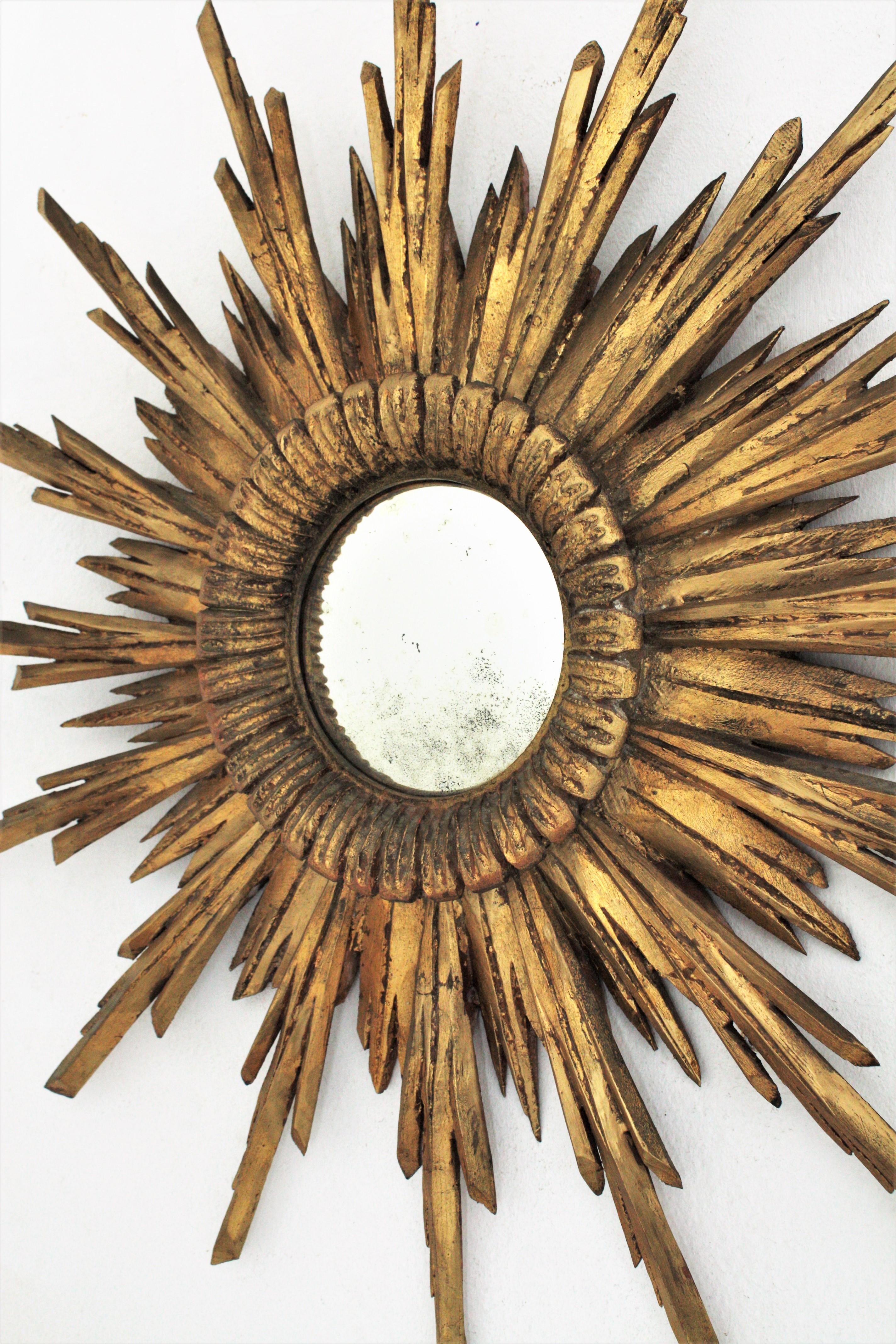 Wood Sunburst Convex Mirror in Carved Giltwood, Baroque Style, 1930s