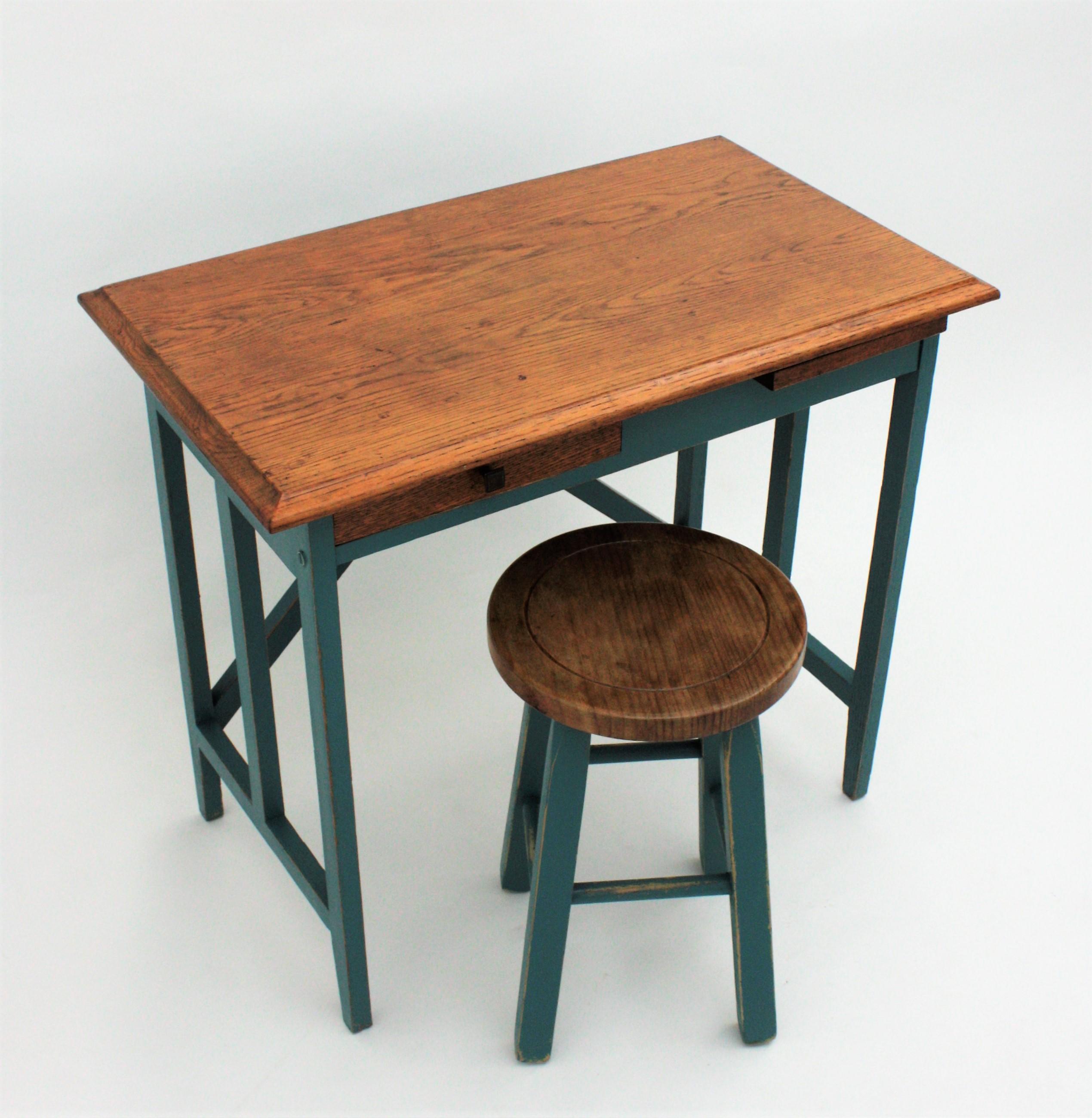 Spanish Desk and Stool in Oak with Green Blue Patina, 1930s For Sale 3