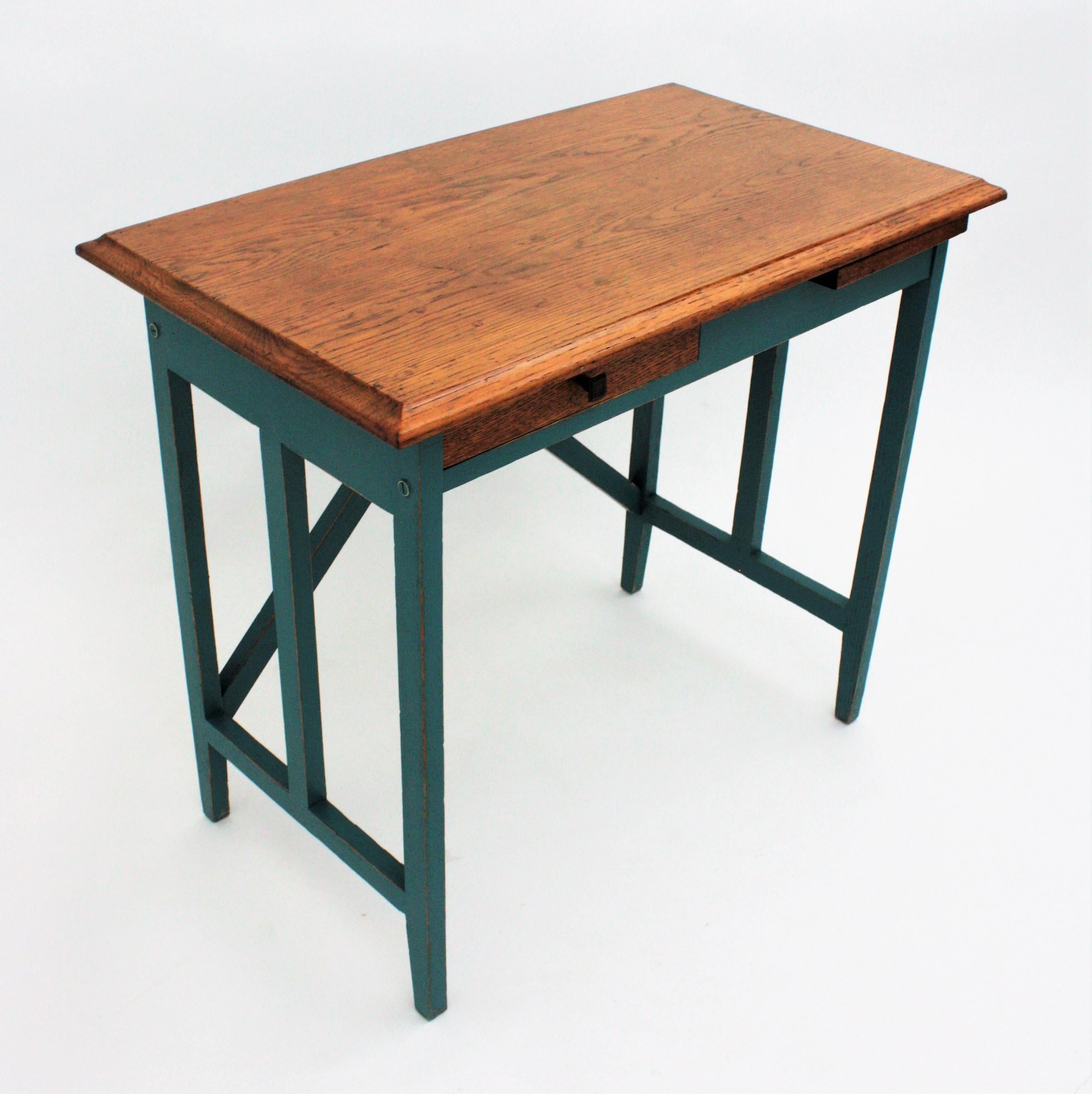 Spanish Desk and Stool in Oak with Green Blue Patina, 1930s For Sale 4