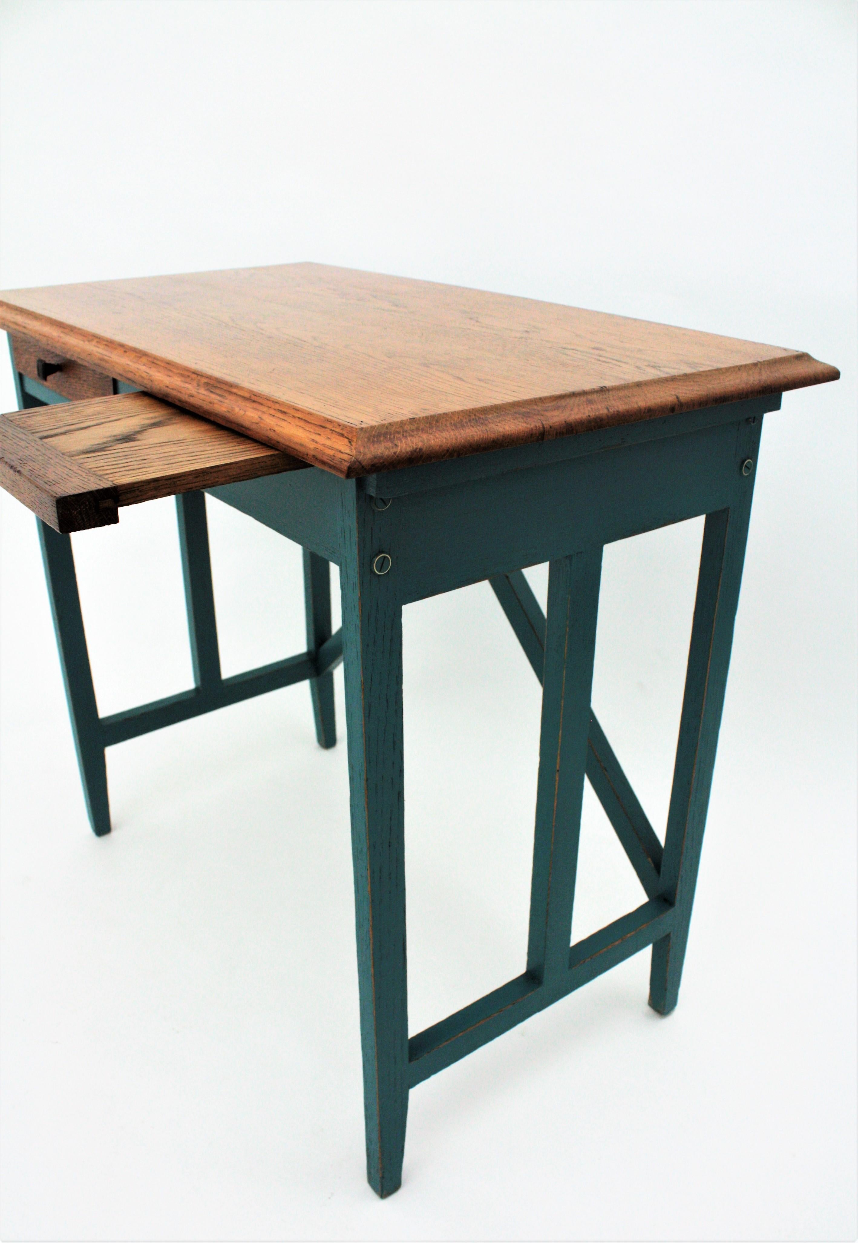 Spanish Desk and Stool in Oak with Green Blue Patina, 1930s For Sale 5