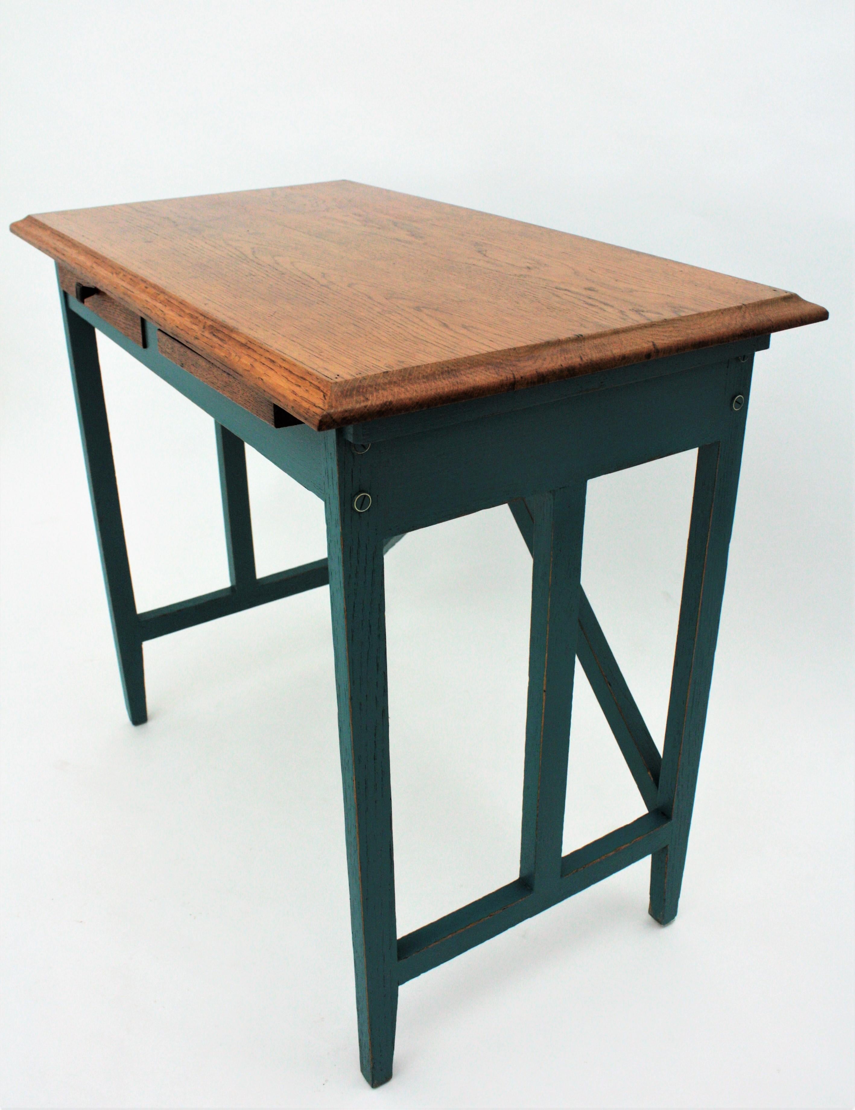 Spanish Desk and Stool in Oak with Green Blue Patina, 1930s For Sale 6