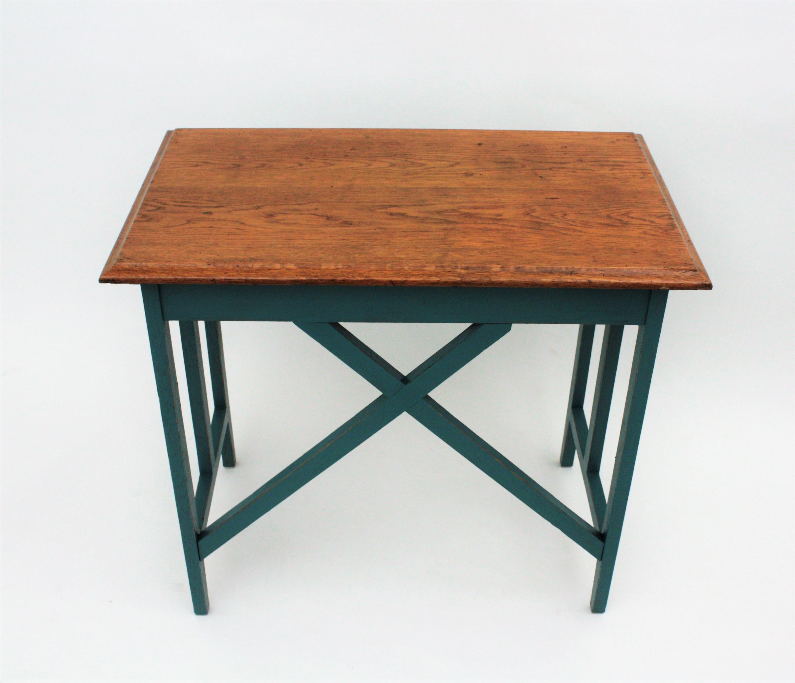 Spanish Desk and Stool in Oak with Green Blue Patina, 1930s For Sale 7