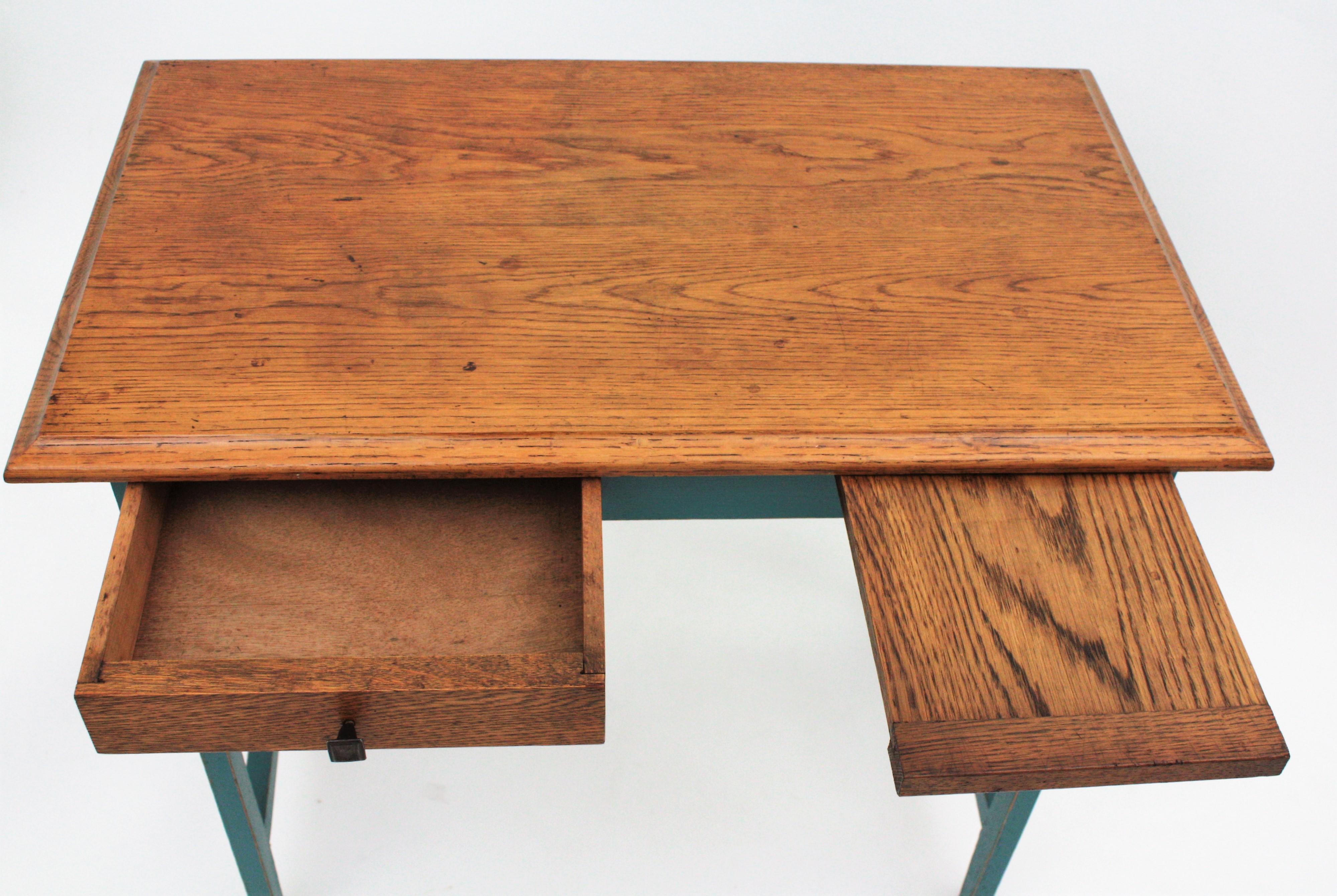 Spanish Desk and Stool in Oak with Green Blue Patina, 1930s For Sale 8