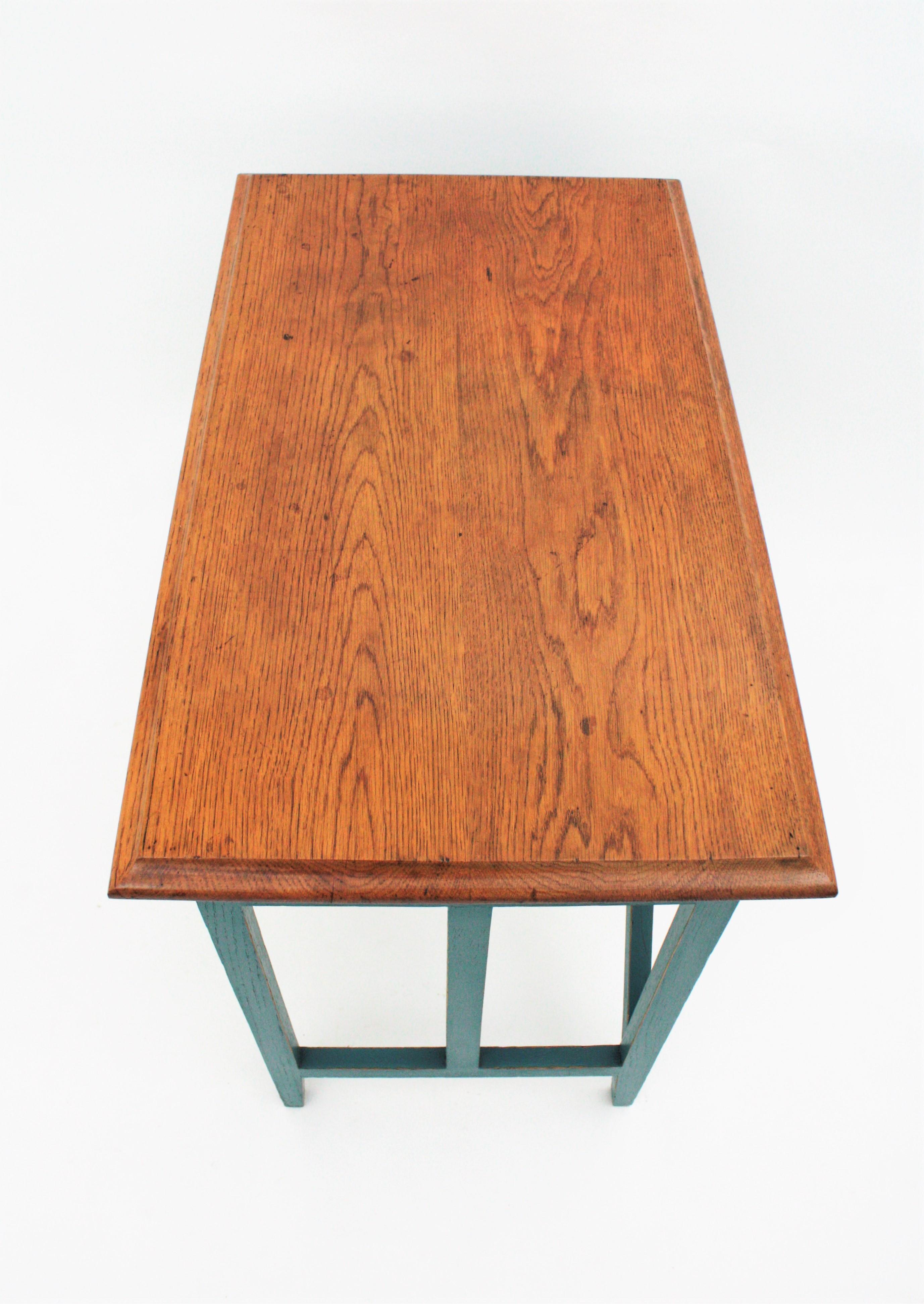 Spanish Desk and Stool in Oak with Green Blue Patina, 1930s For Sale 9
