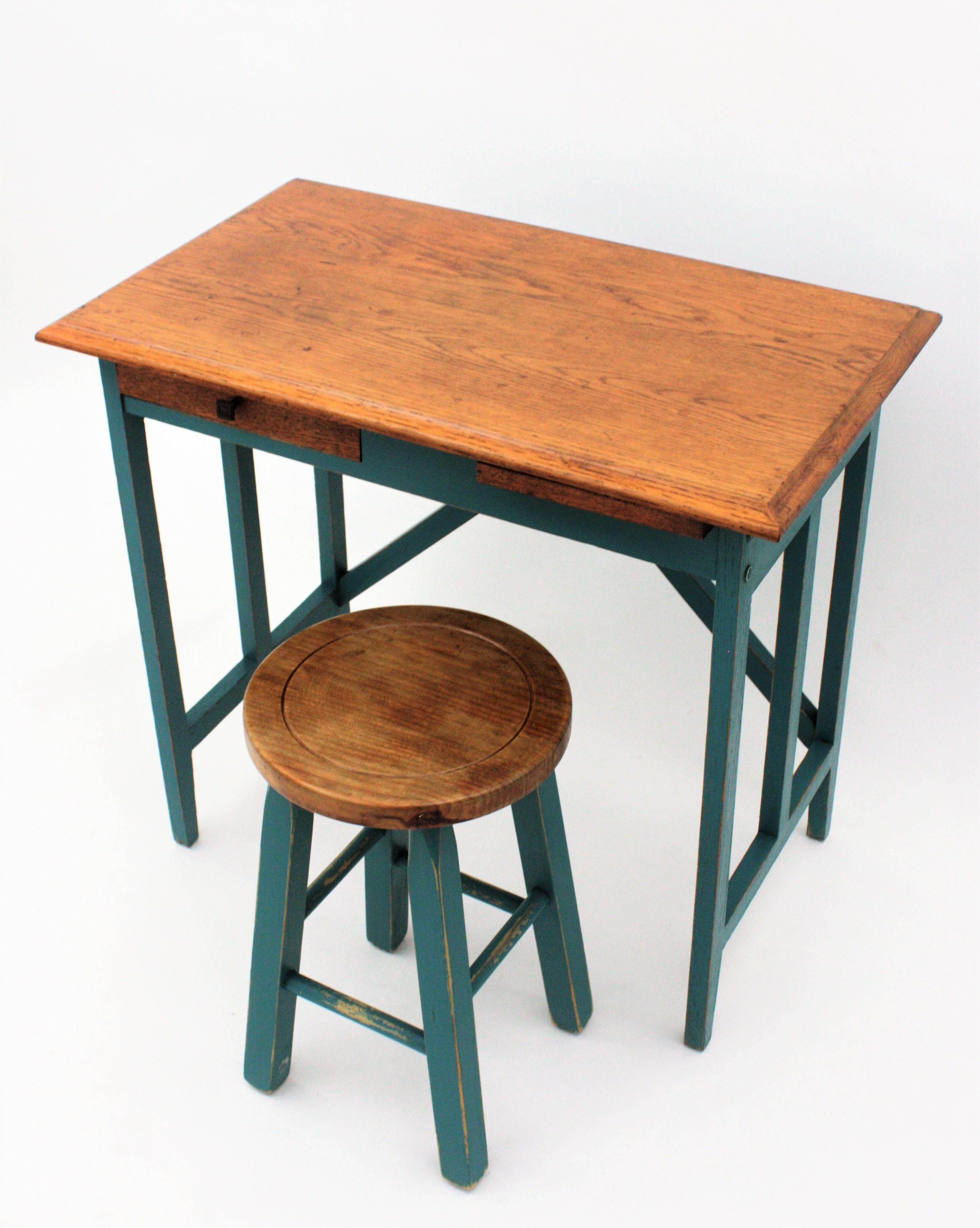 Industrial Spanish Desk and Stool in Oak with Green Blue Patina, 1930s For Sale