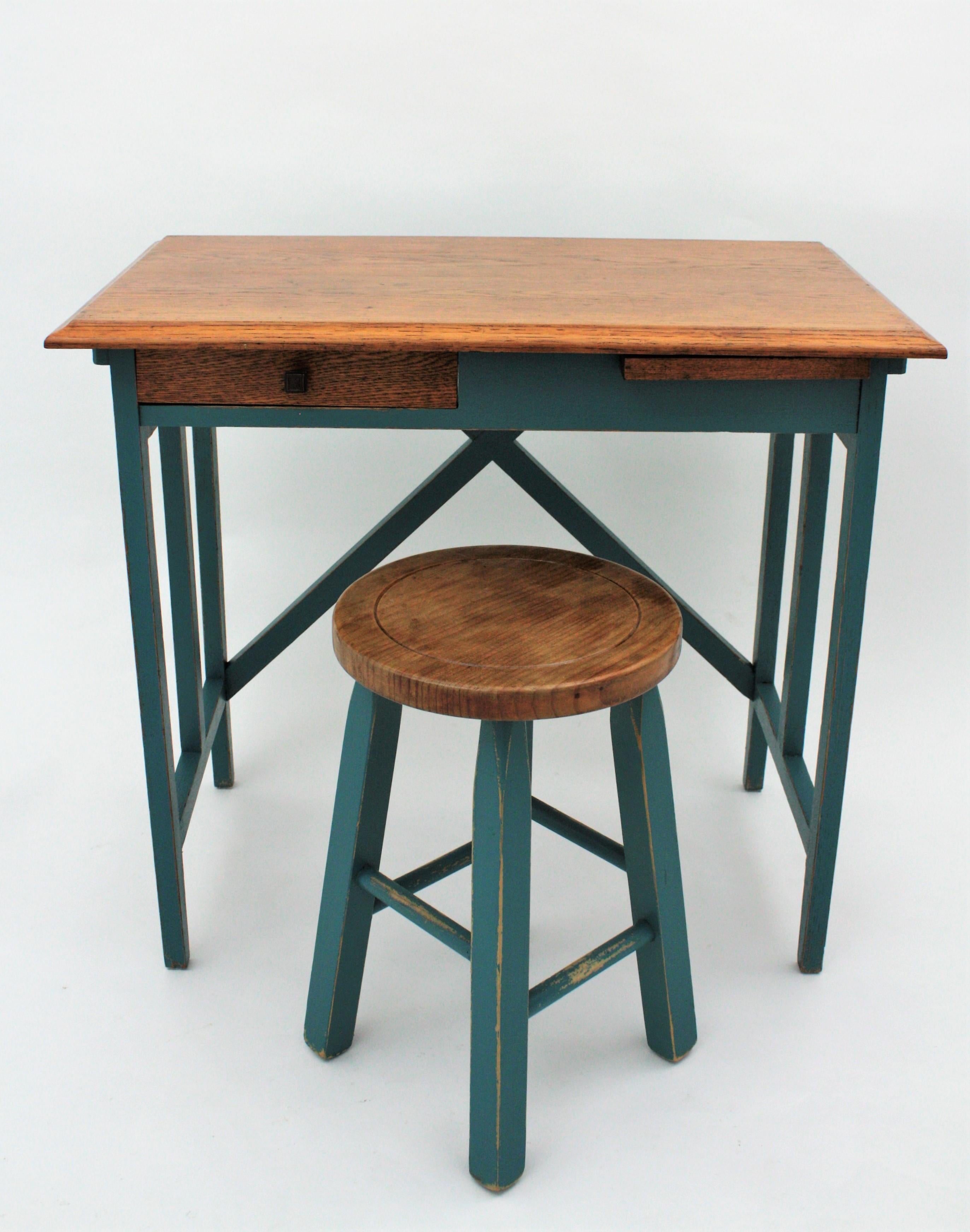 Painted Spanish Desk and Stool in Oak with Green Blue Patina, 1930s For Sale
