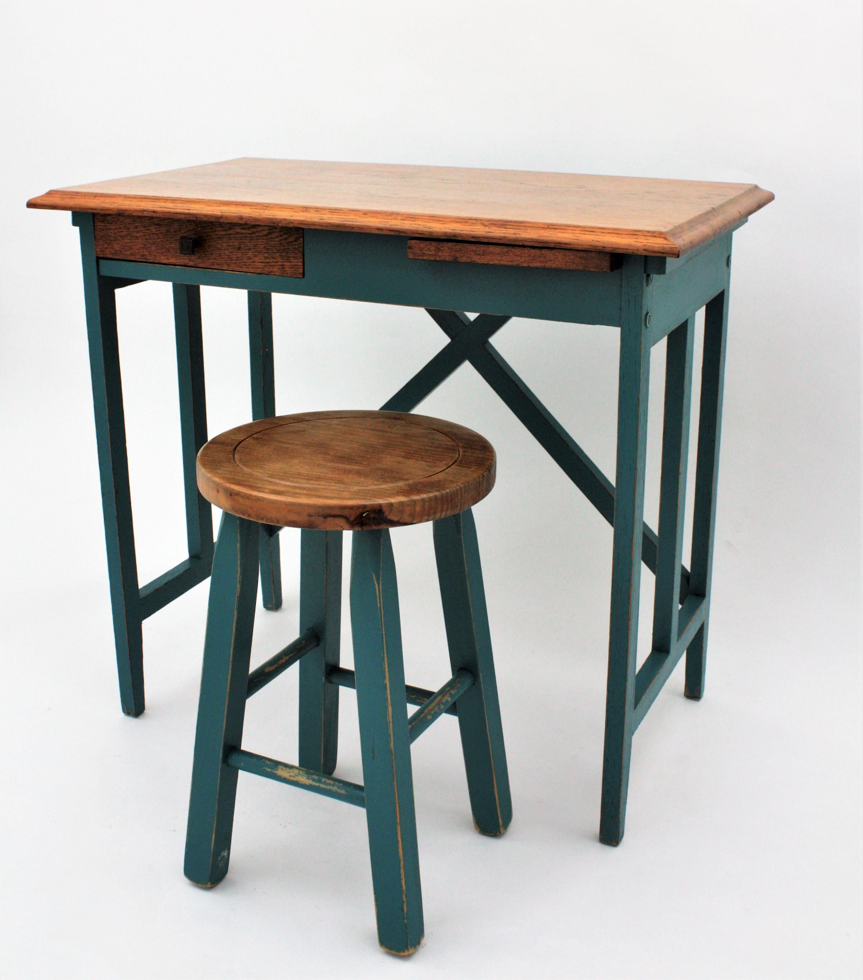 20th Century Spanish Desk and Stool in Oak with Green Blue Patina, 1930s For Sale
