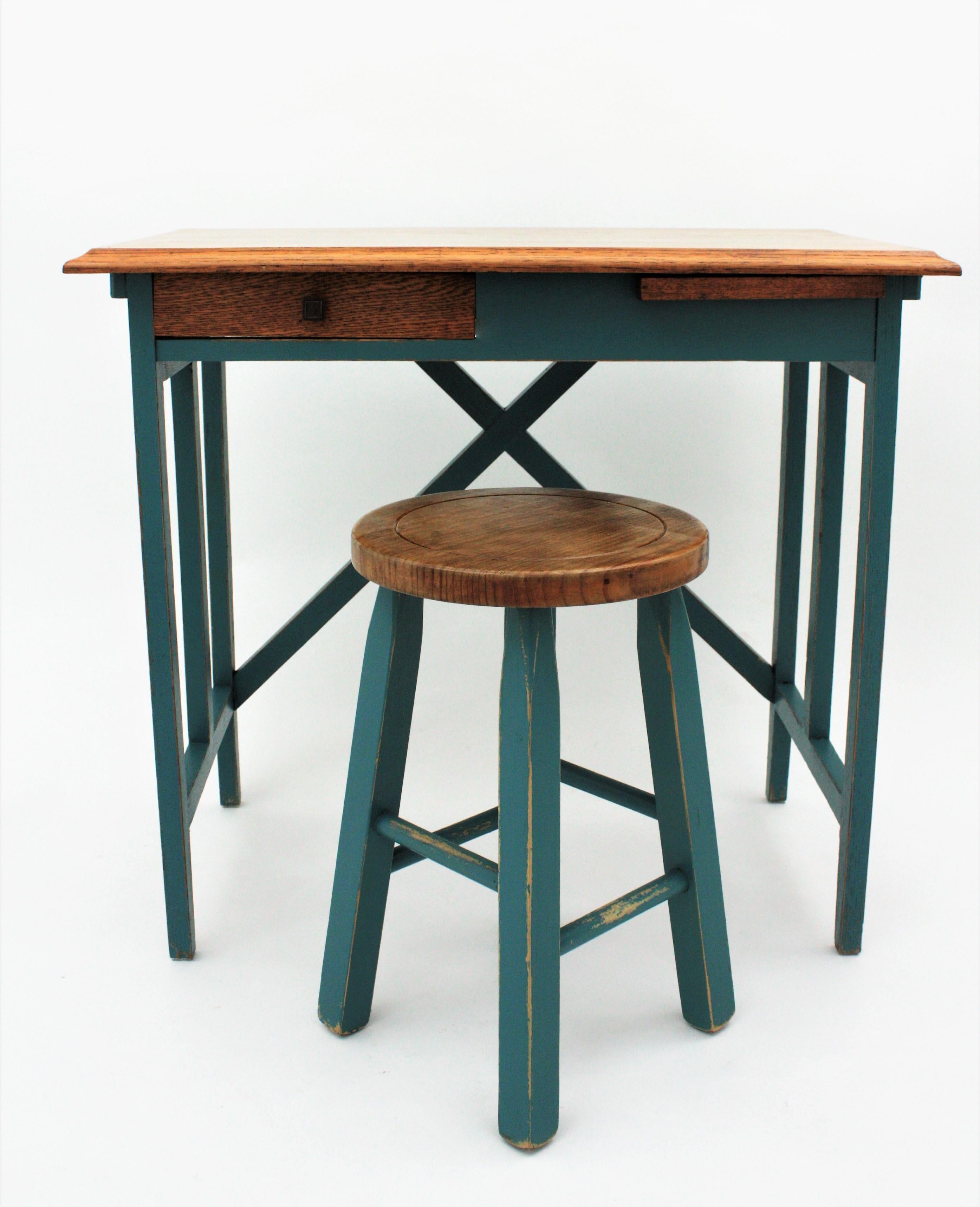 Spanish Desk and Stool in Oak with Green Blue Patina, 1930s For Sale 1