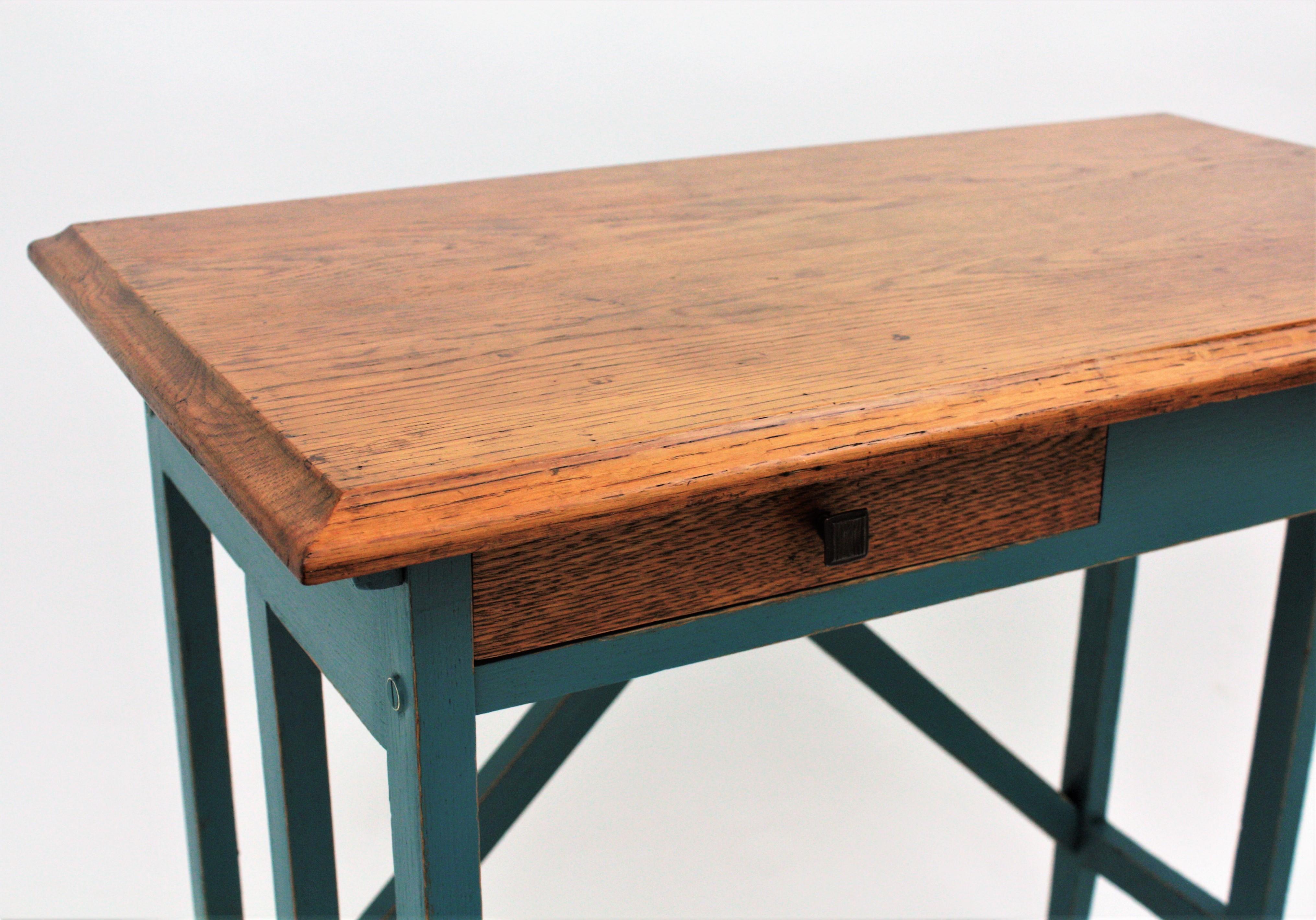 Spanish Desk and Stool in Oak with Green Blue Patina, 1930s For Sale 2